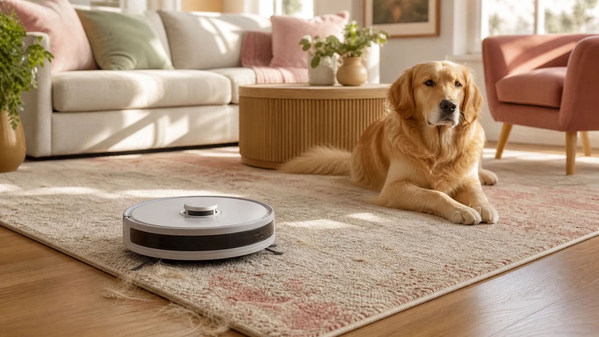 A robot vacuum cleaning a living room rug while a golden retriever rests nearby in warm afternoon light
