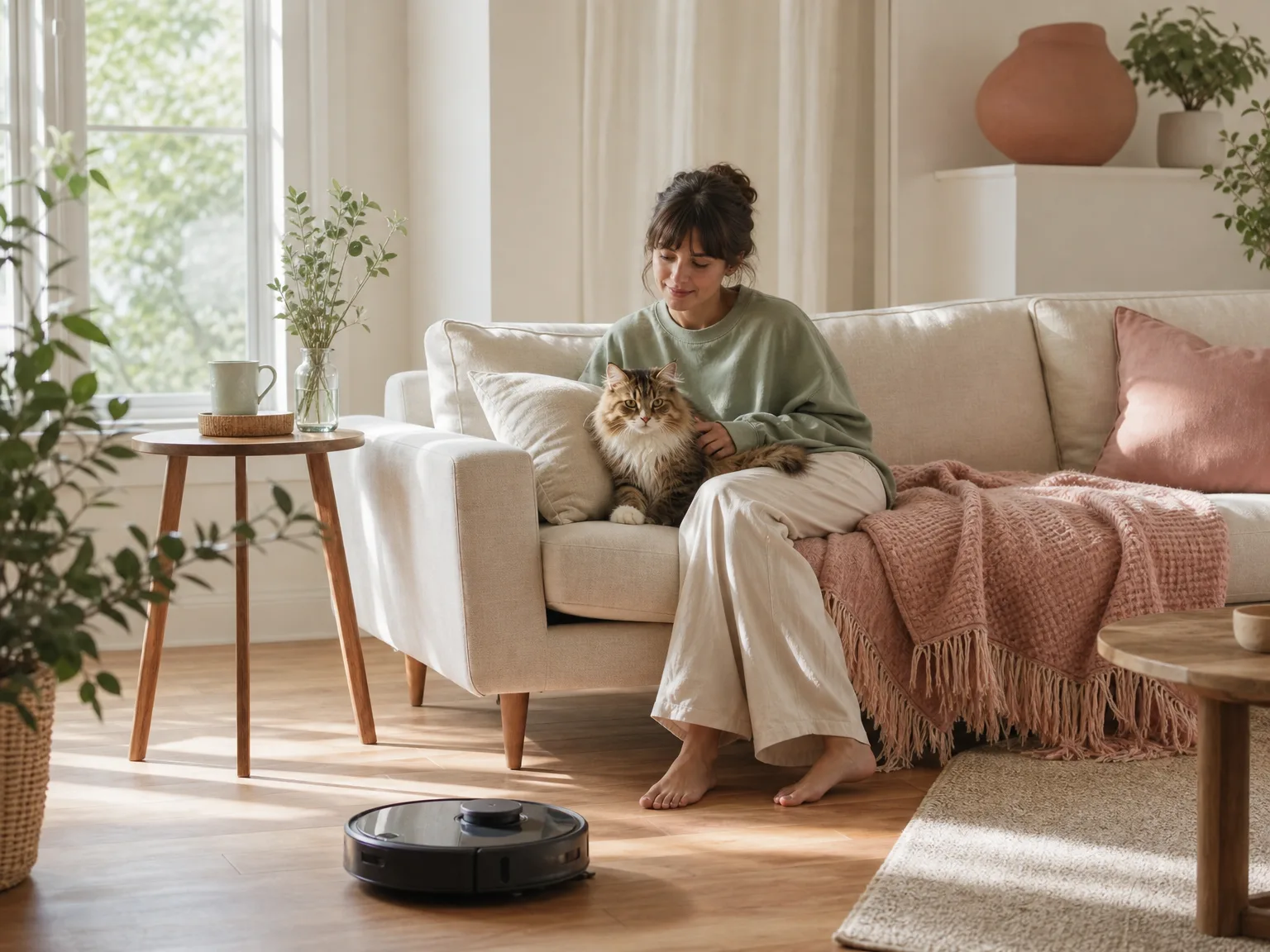 A woman relaxing on a sofa with a cat while a robot vacuum cleans the hardwood floor in a bright cream and rose living room