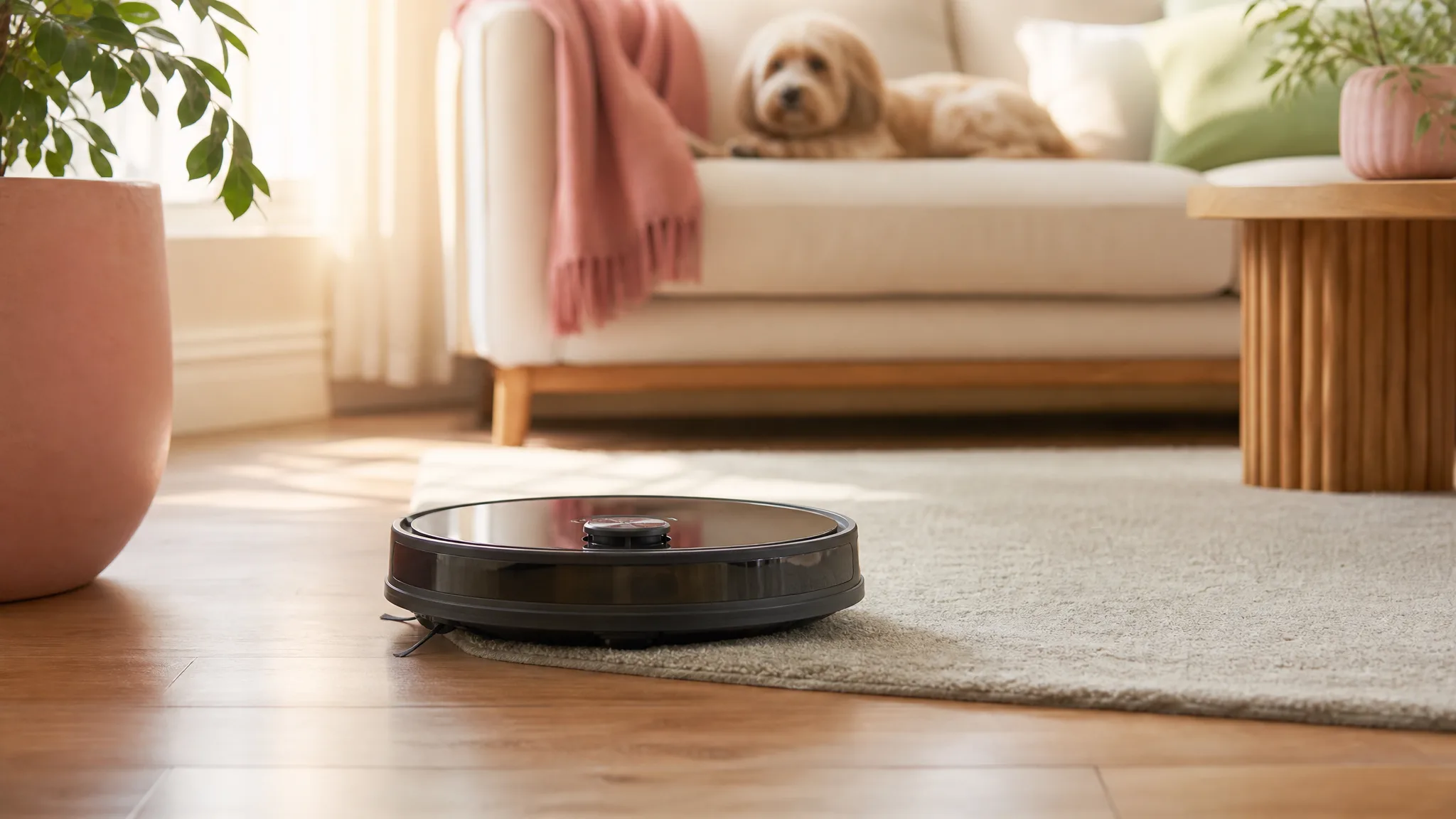A robot vacuum cleaning a sunlit hardwood living room floor while a small dog naps nearby