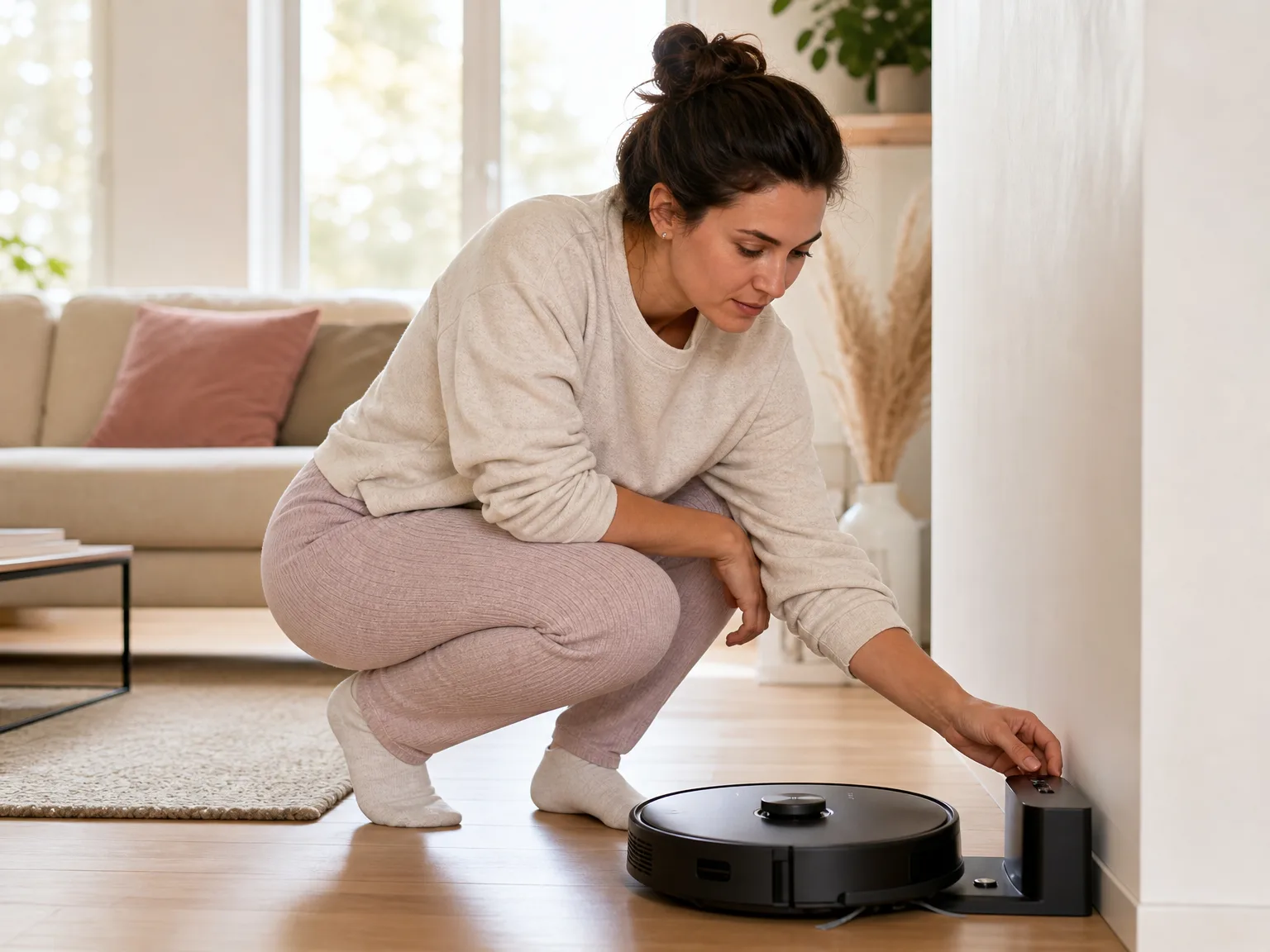 A woman in casual loungewear checking a robot vacuum's dock in a bright modern living room