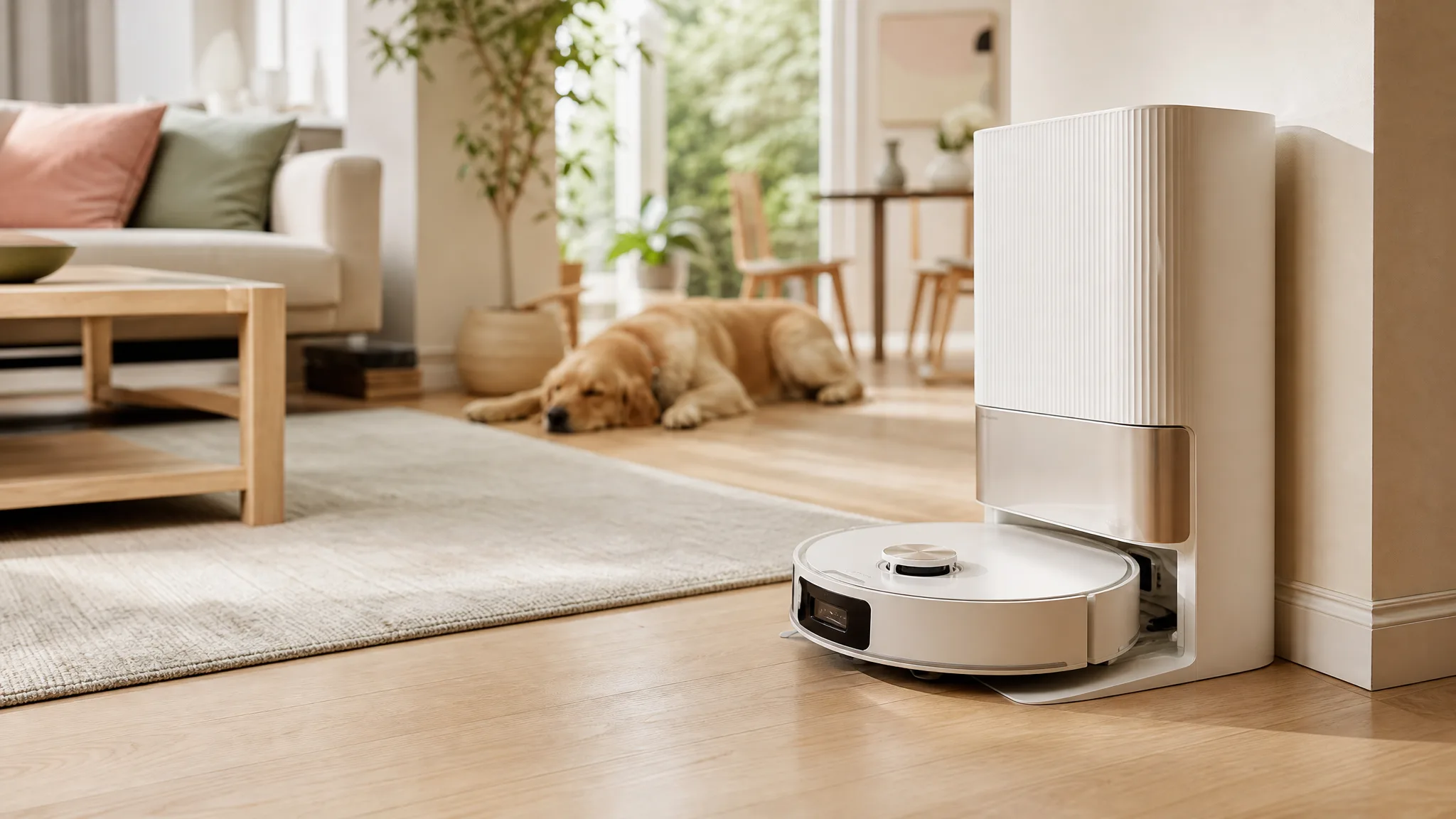 A robot vacuum returning to its tall self-washing dock in a sunlit living room with hardwood floors and a low rug