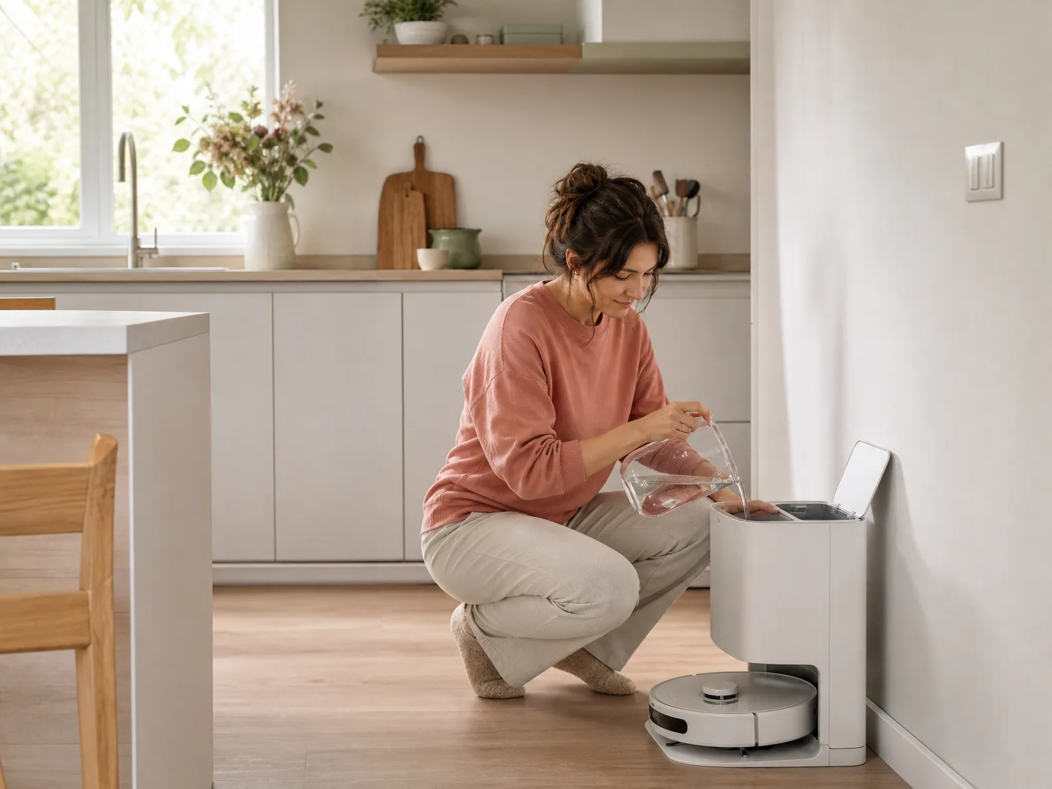 A woman refilling the clean-water tank on a robot vacuum dock in a bright kitchen, the only weekly chore left