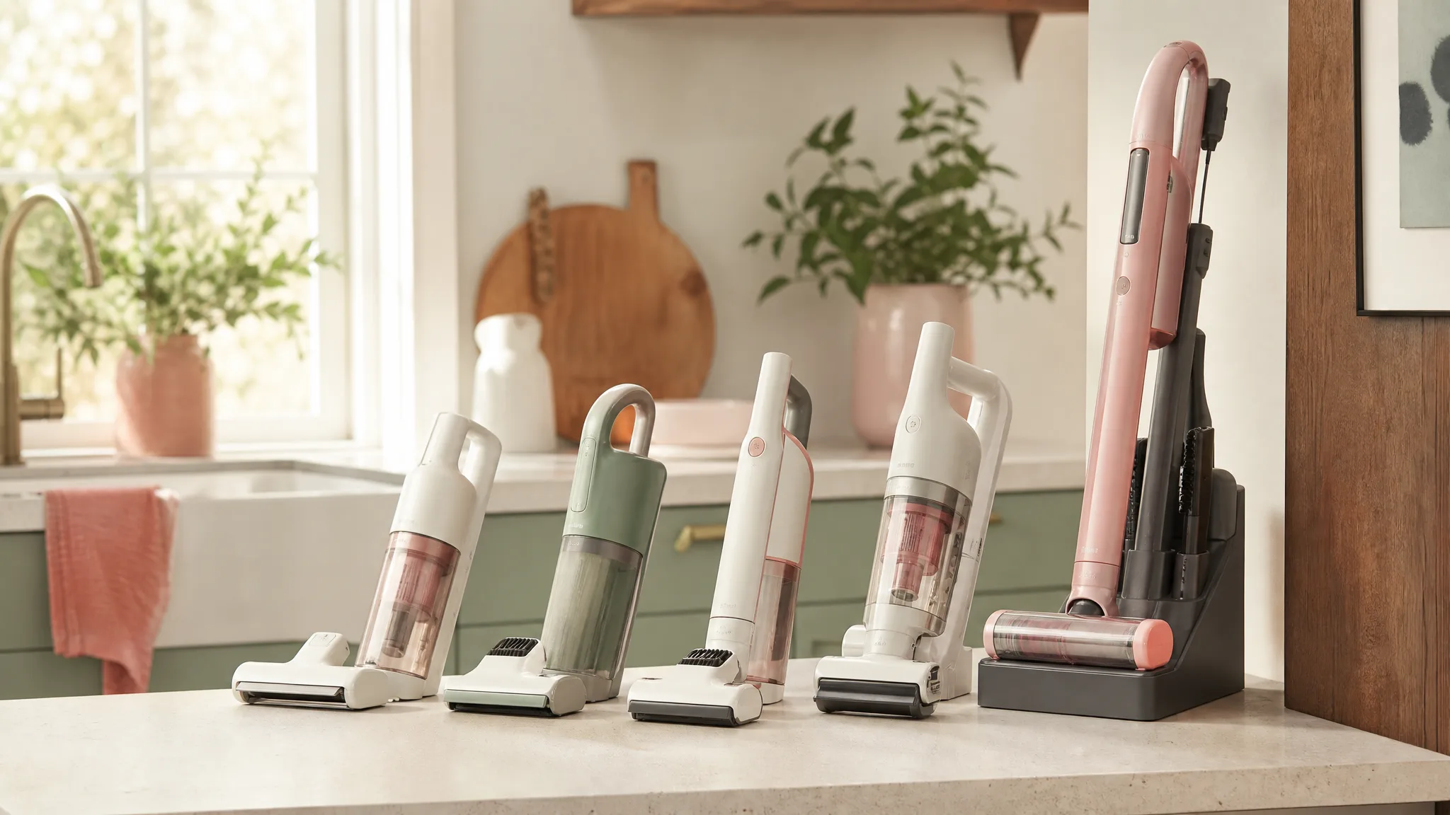 Five Shark handheld and stick vacuums arranged on a sunlit hardwood floor in a modern living room