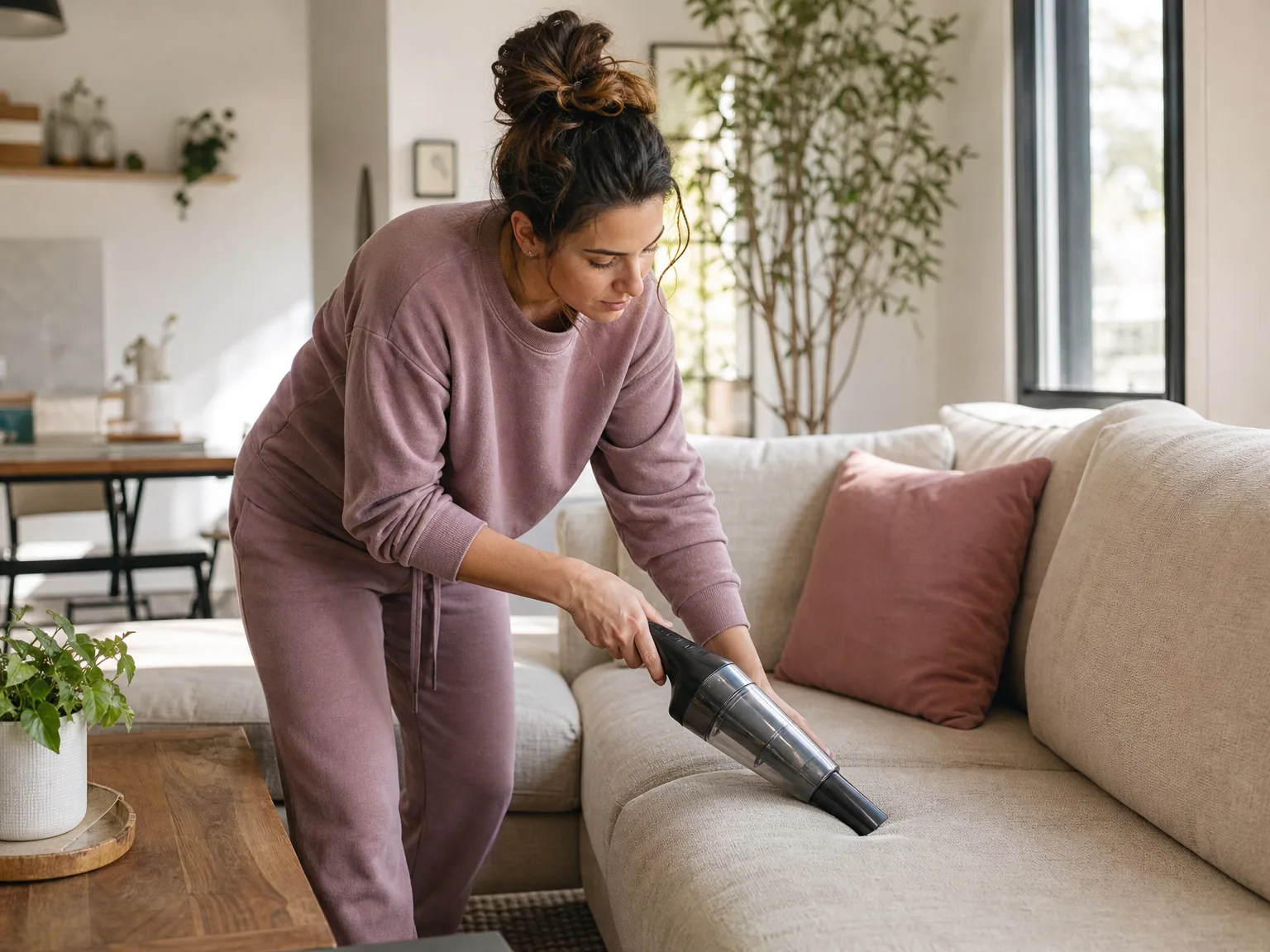 A woman in her early thirties using a Shark handheld vacuum on a couch cushion in a bright living room