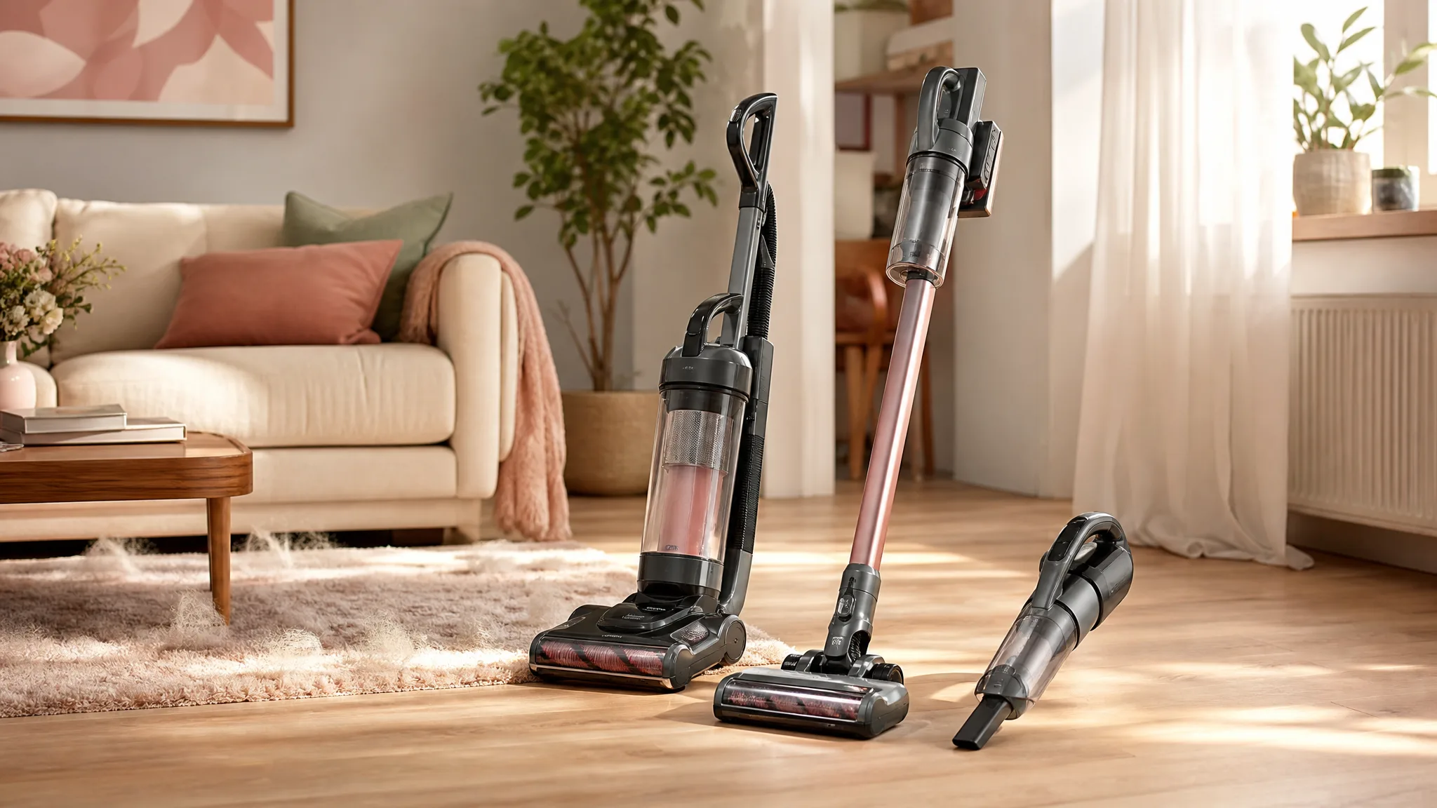 A row of Shark vacuums, an upright, a cordless stick, and a handheld, lined up in a sunlit living room with pet hair visible on a rug