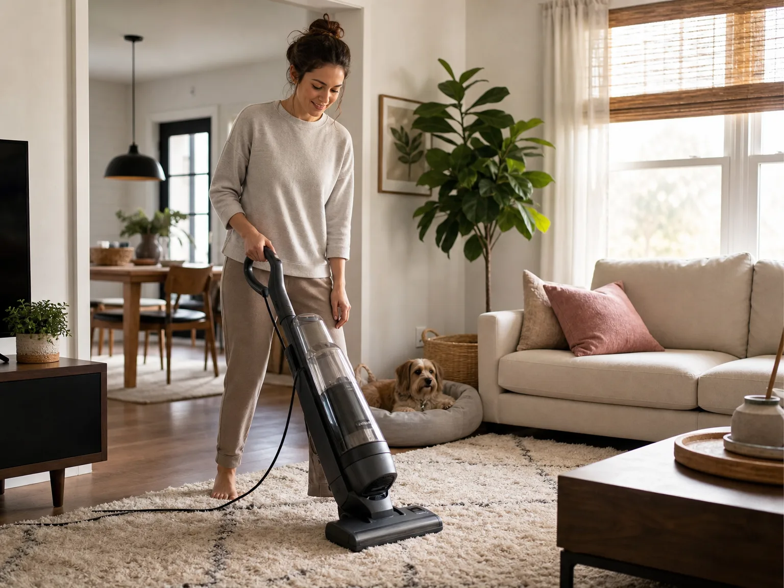 A woman vacuuming a medium-pile rug with a Shark upright vacuum in a bright, lived-in living room