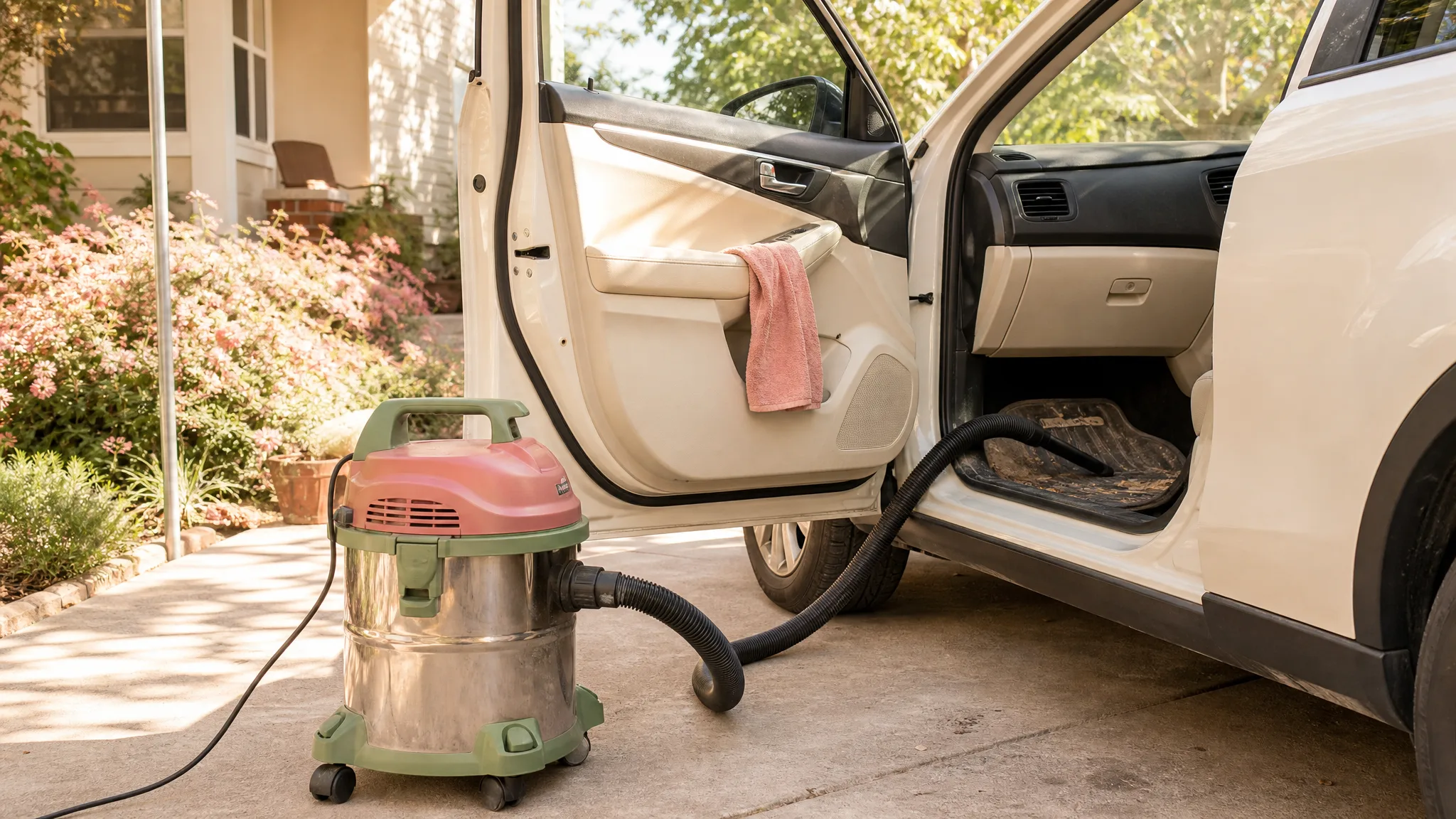 Corded wet dry shop vacuum hose cleaning open car floor mats on a sunlit driveway