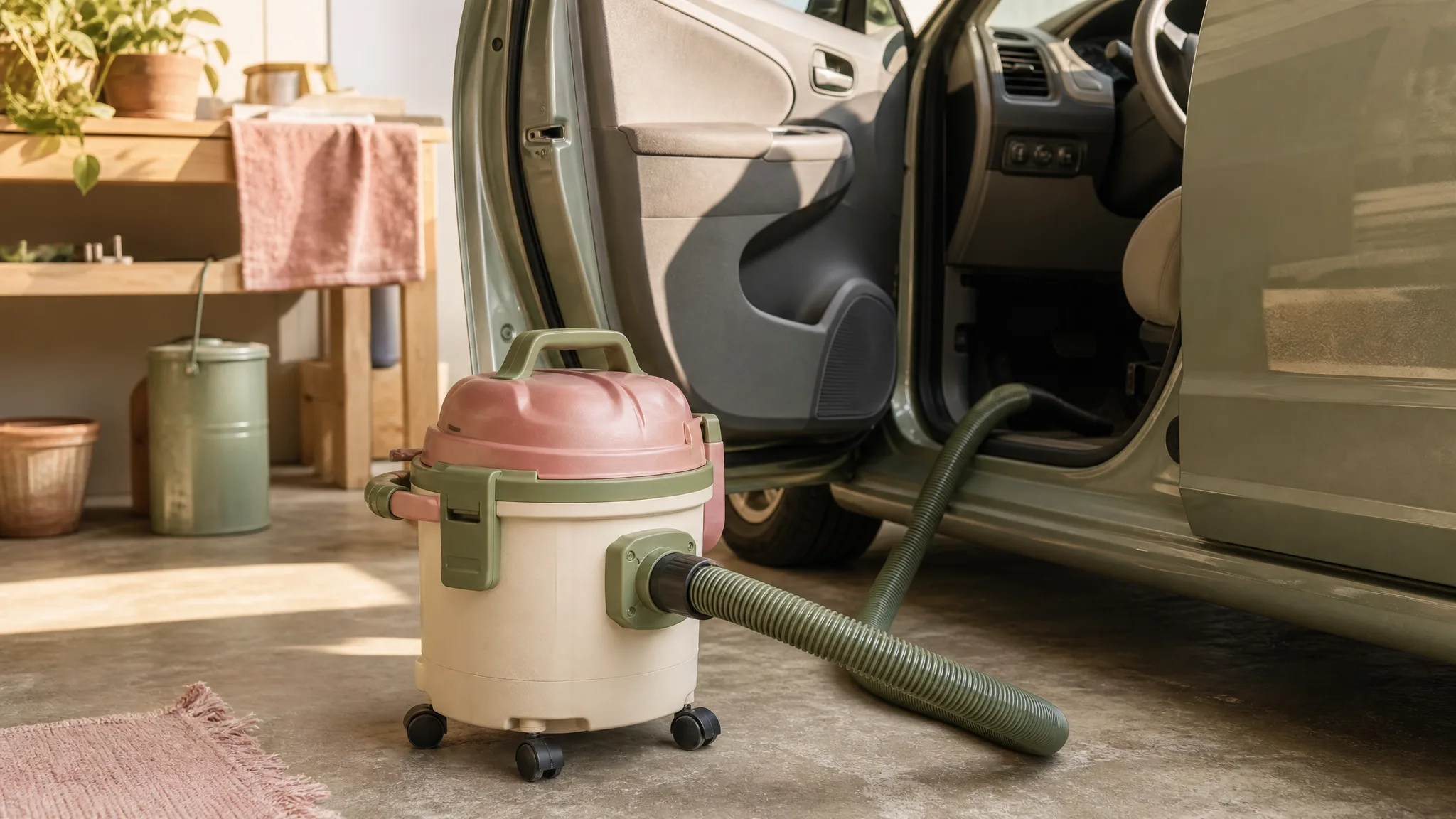 Compact wet dry shop vacuum beside an open car door on a sunlit garage floor