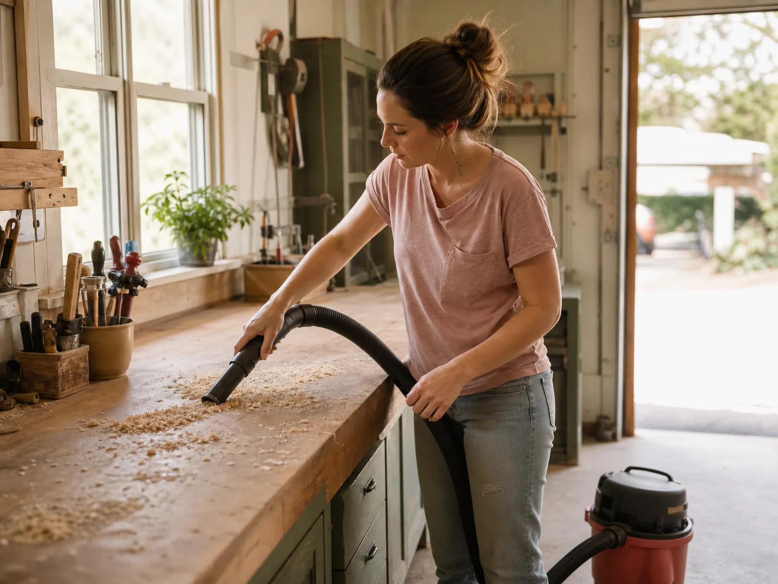 Woman cleaning garage workbench debris with a compact shop vacuum hose