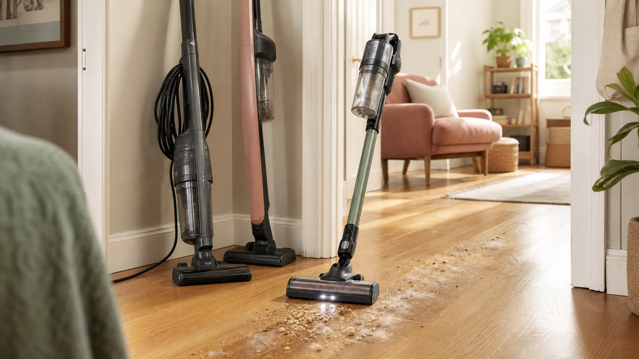 Corded and cordless stick vacuums standing in a sunlit living room with warm cream hardwood floors