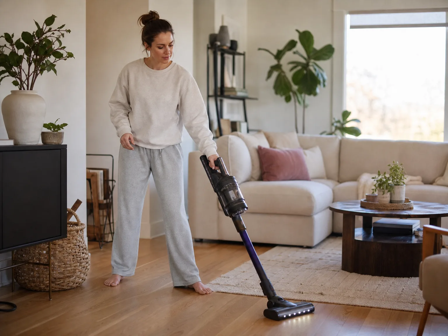 Woman in her thirties using a stick vacuum on hardwood in a bright apartment living room