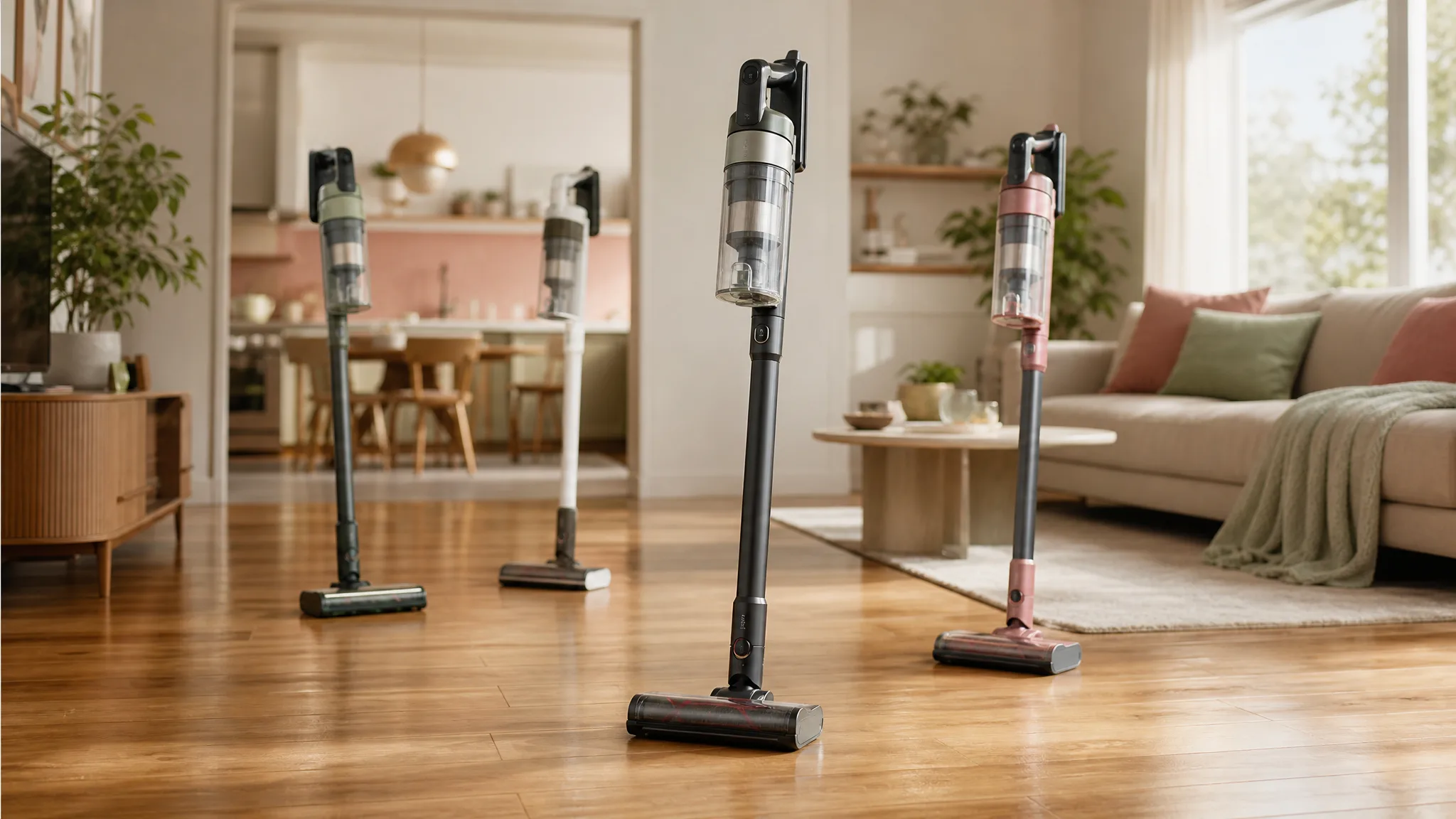 Cordless stick vacuums standing on sunlit oak hardwood in a warm cream living room