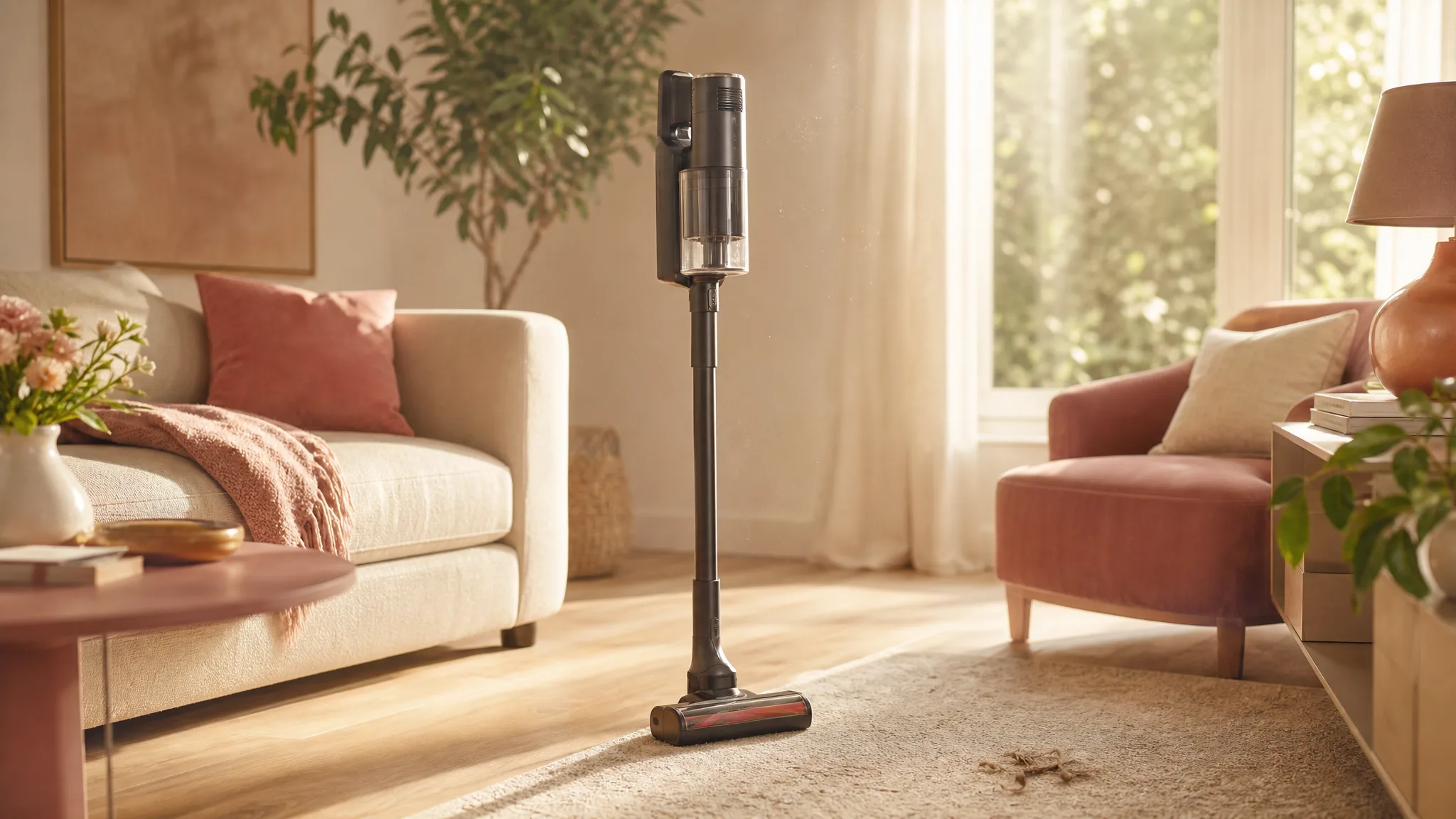 A cordless stick vacuum standing upright in a sunlit living room with visible pet hair on a rug nearby