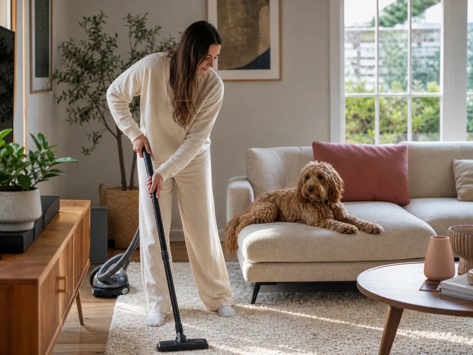 A woman vacuuming a rug in a bright living room while a long-haired dog rests nearby