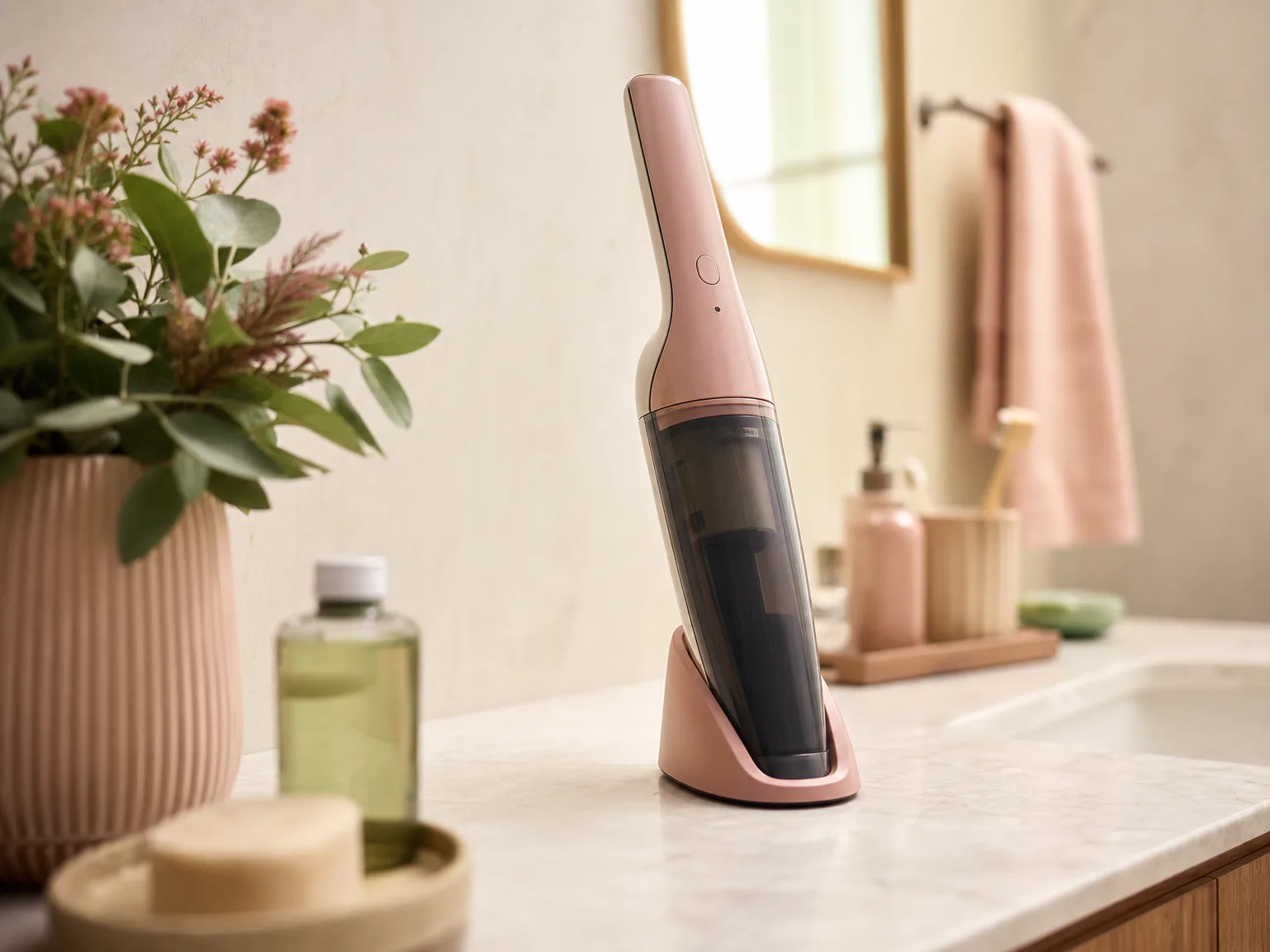 Close-up of a slim cordless handheld vacuum resting upright on a bathroom counter beside everyday toiletries, warm window light