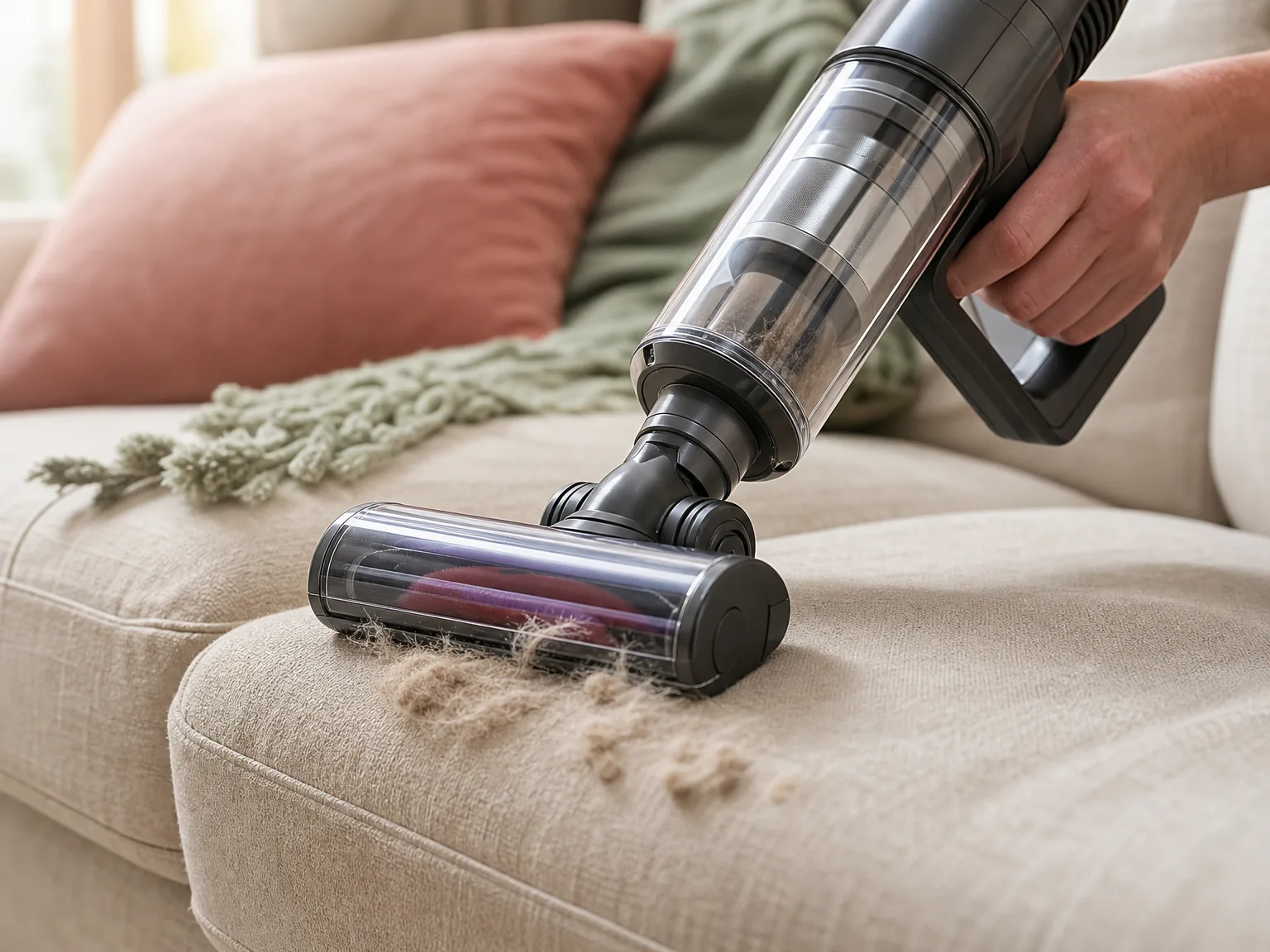 Close-up of a compact upright vacuum TurboBrush tool lifting pet hair from a beige sofa cushion