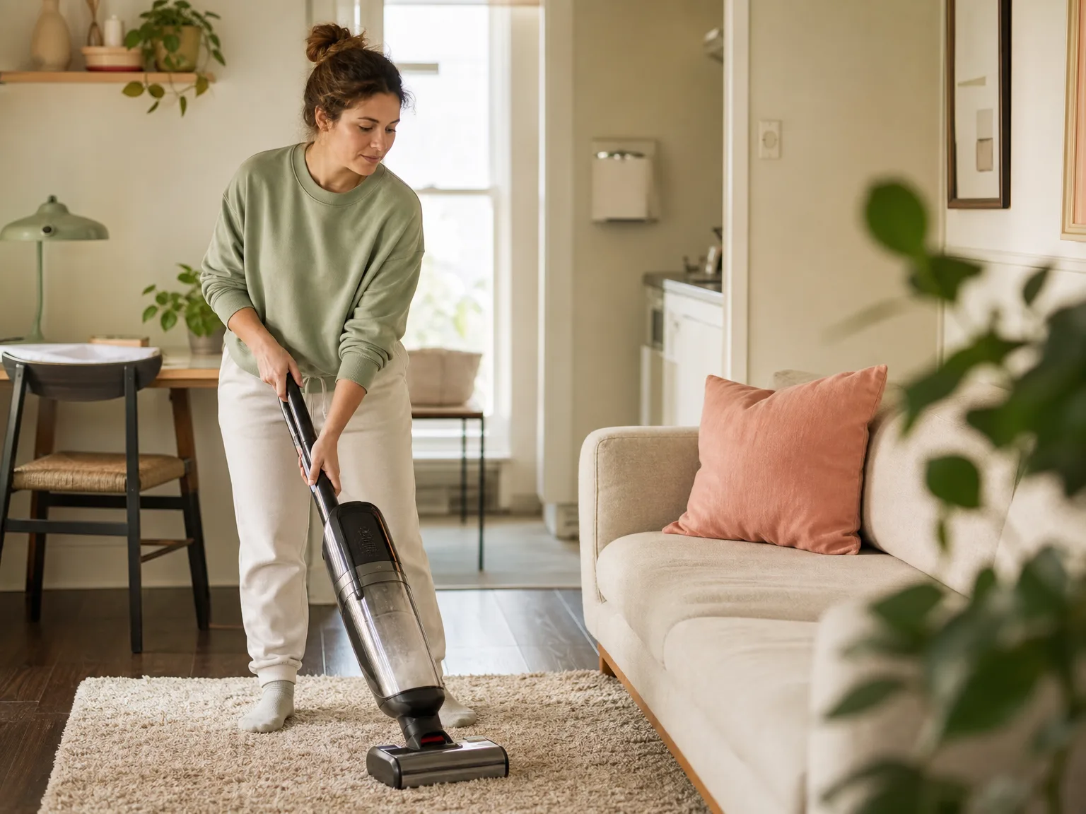 Woman vacuuming a medium-pile apartment rug with a compact upright vacuum near a cream sofa