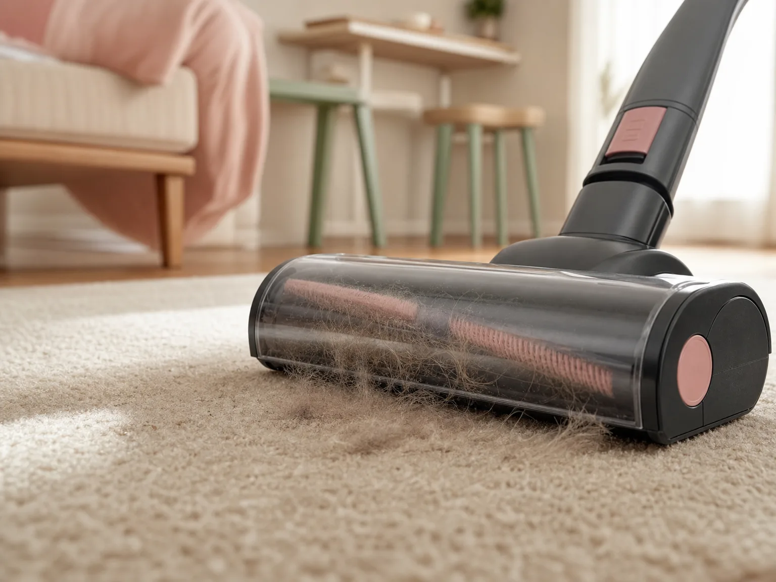 Close-up of a compact upright vacuum brush head lifting visible pet hair from a beige studio apartment rug