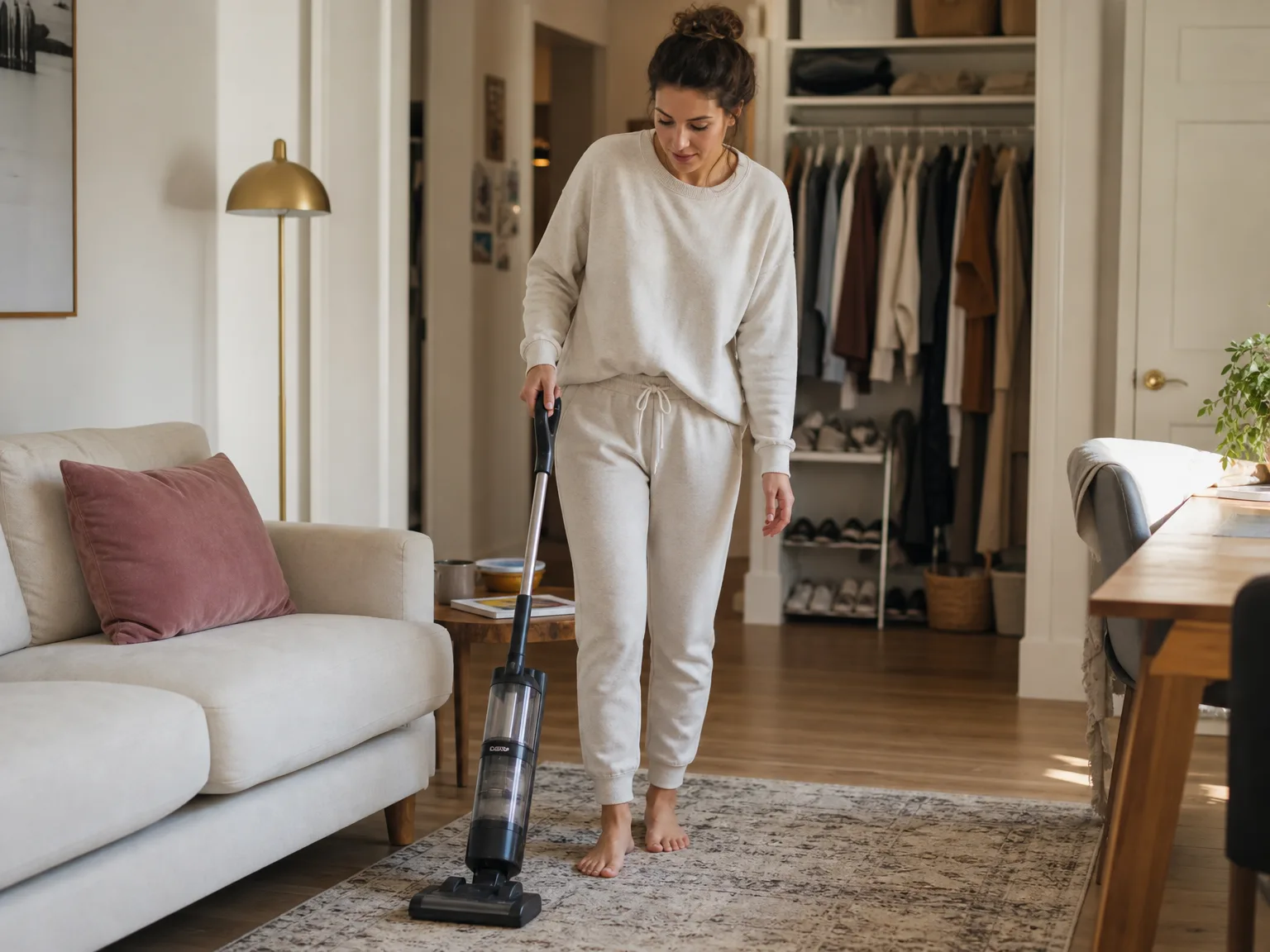 A woman in her early thirties guiding a compact upright vacuum across a sunlit studio apartment with limited closet storage
