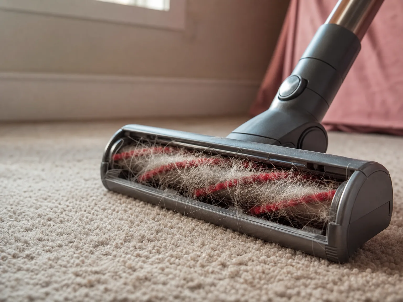 Close-up of a vacuum brush roll pulling matted pet hair out of beige carpet