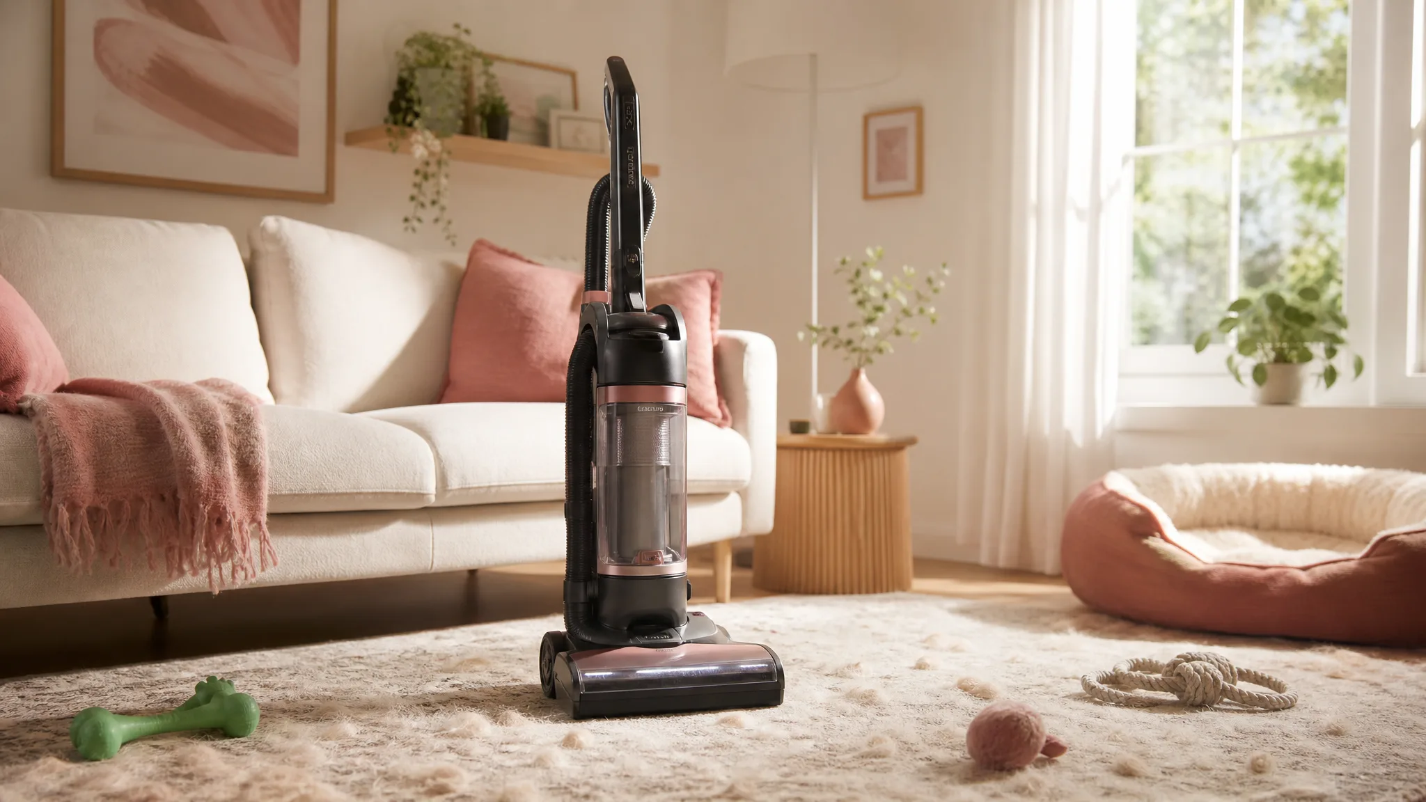 Upright vacuum standing on a pet-hair covered rug in a bright, sunlit living room