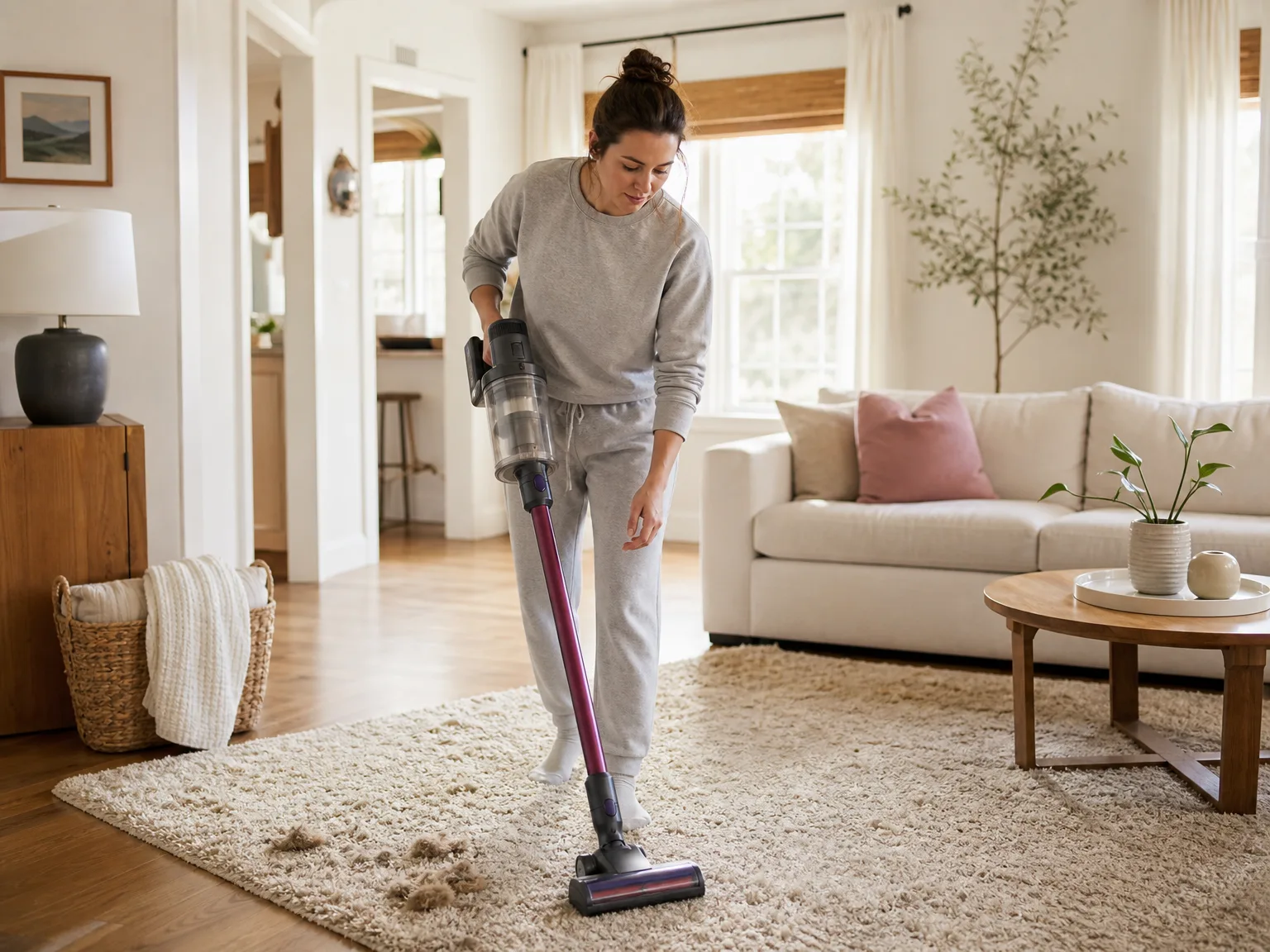 Woman vacuuming a rug in a sunlit living room with visible pet hair on the floor