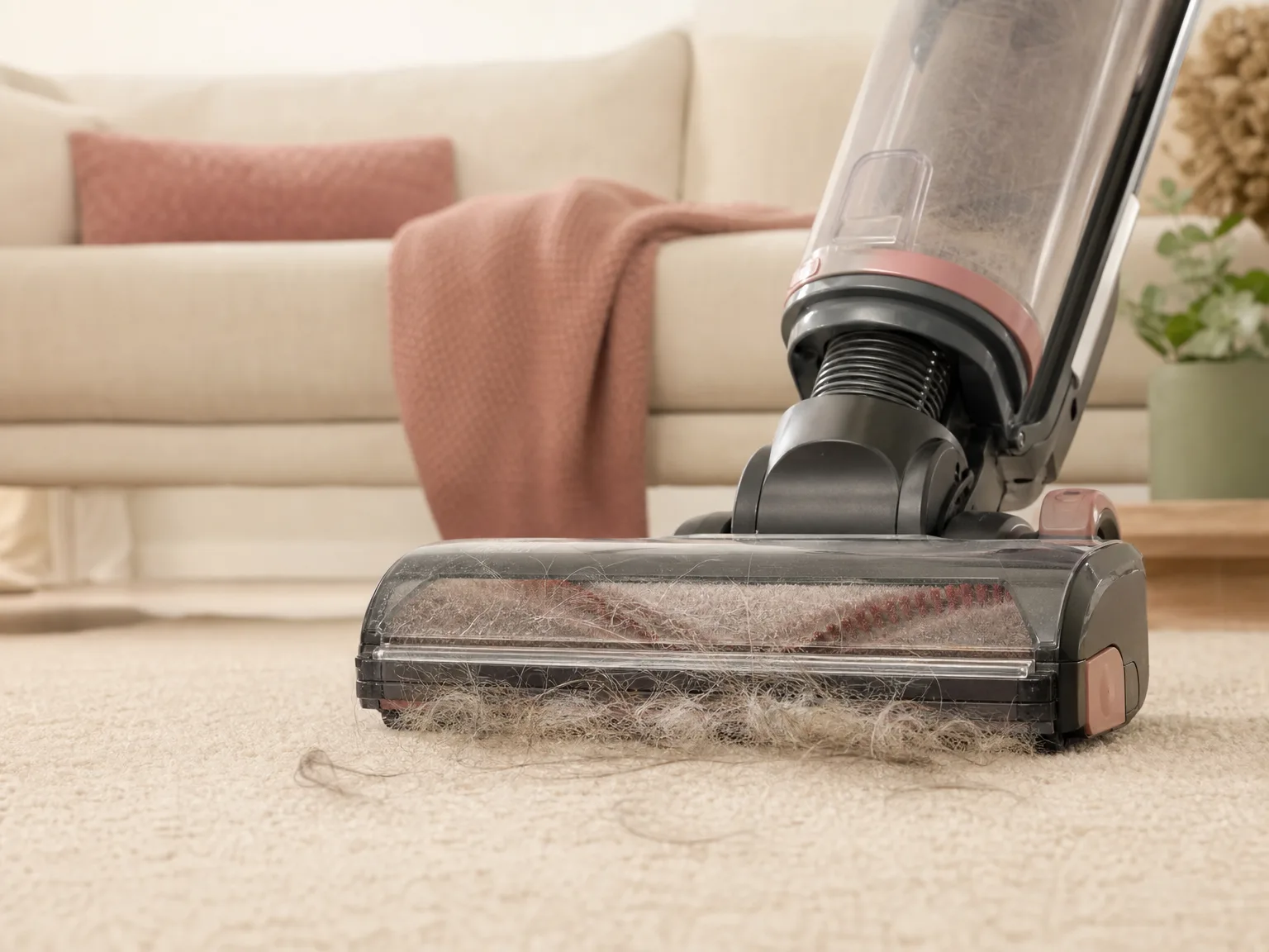 Close-up of an upright vacuum brush head lifting visible pet hair from a beige living-room carpet