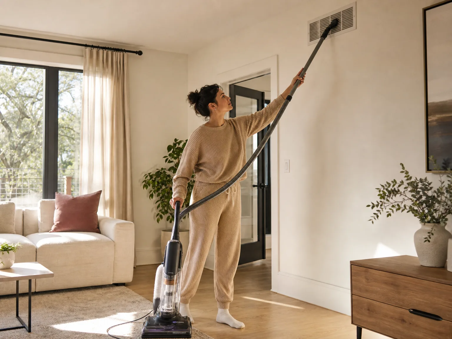 A woman in her early thirties guiding an upright vacuum across a sunlit living room while reaching a high wall vent with the extension wand