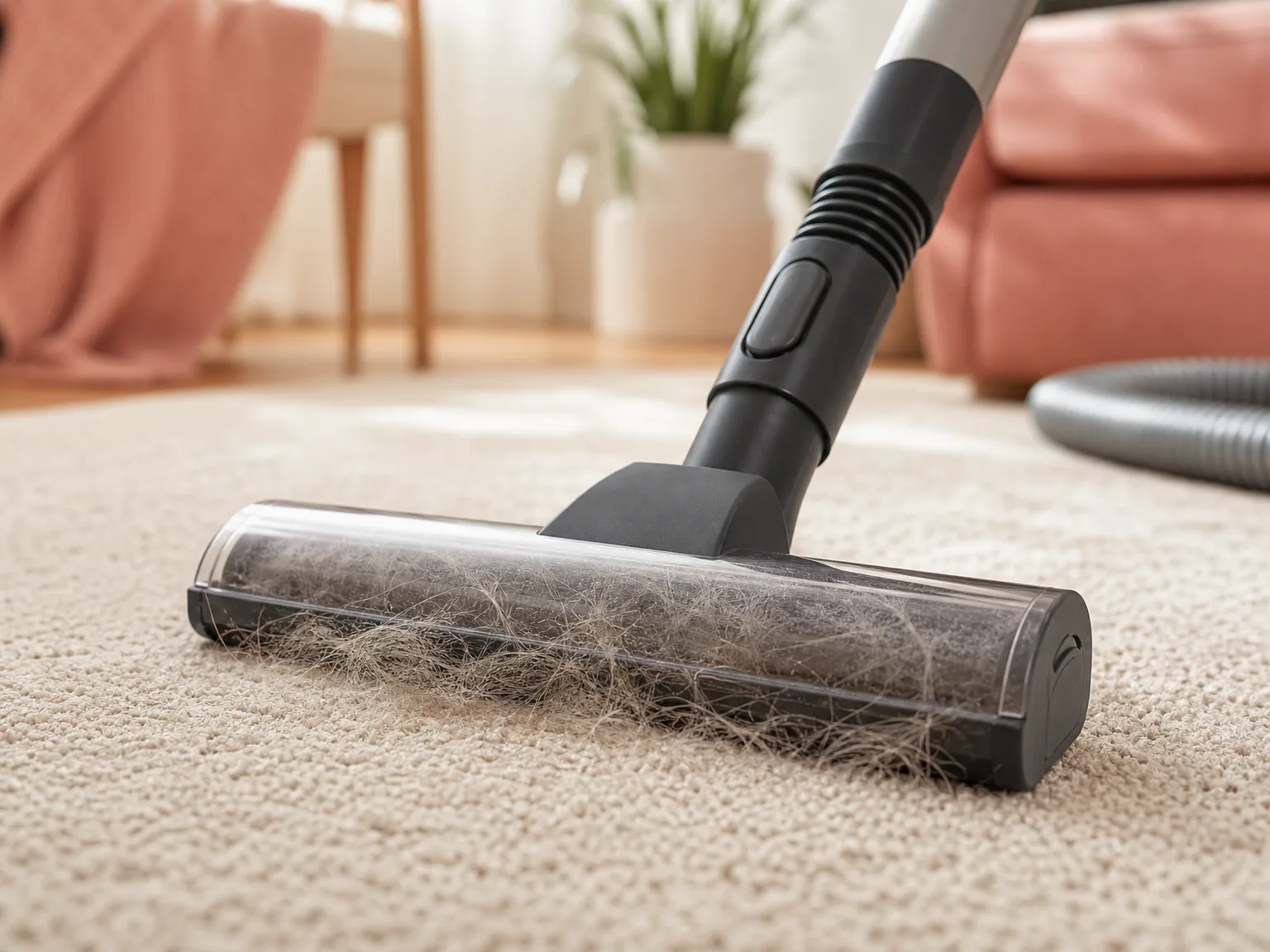 Close-up of a wet-dry brush head lifting visible pet hair from a cream area rug in warm window light