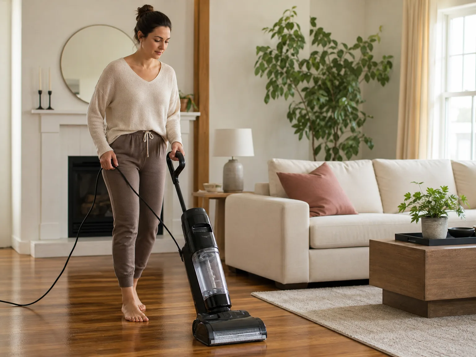 Woman in casual loungewear using a corded wet-dry floor cleaner on sealed hardwood in a sunlit living room with a cream sofa