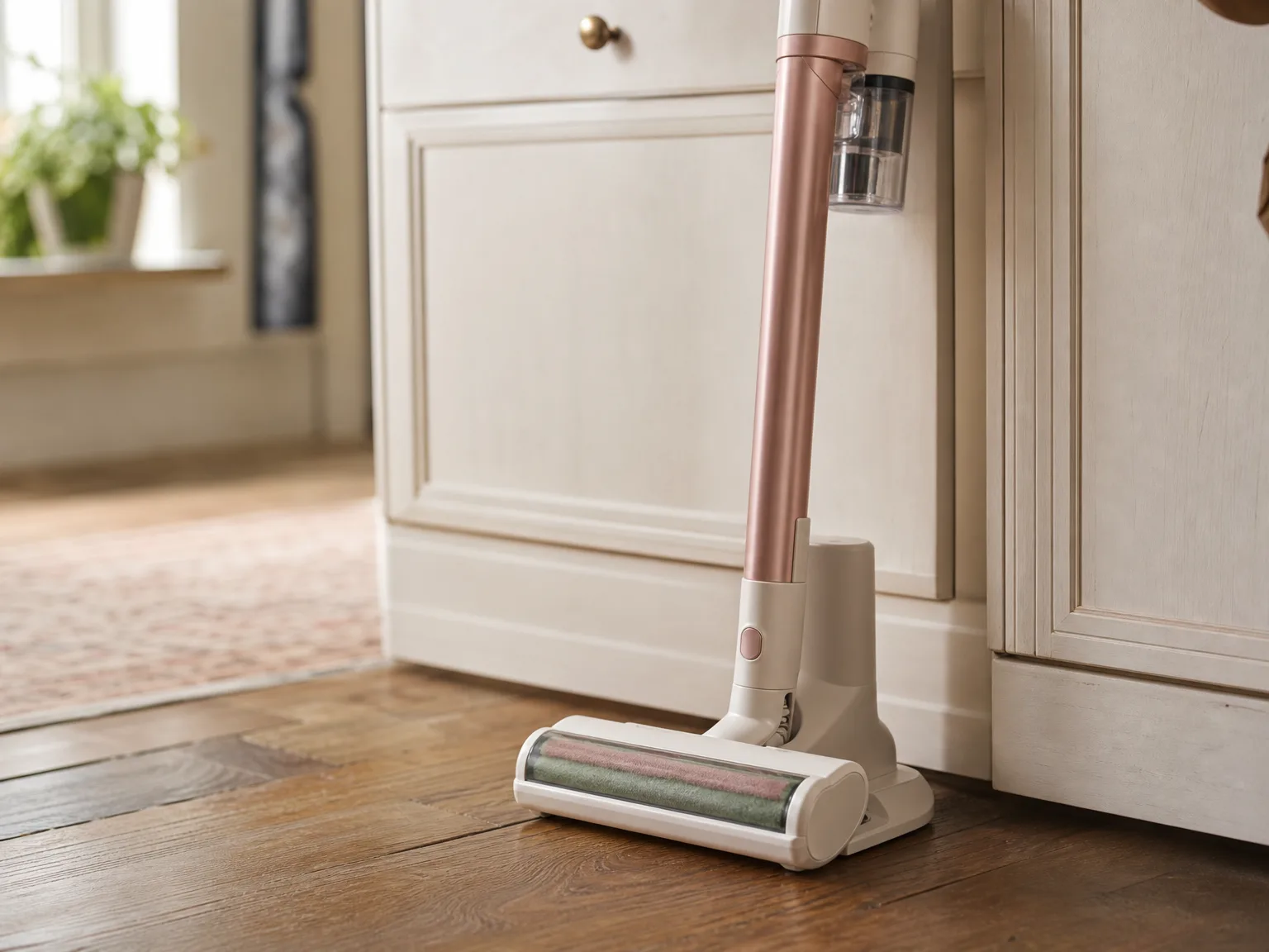 Close-up of a slim cordless stick vacuum standing upright on warm hardwood beside a kitchen cabinet, soft window light