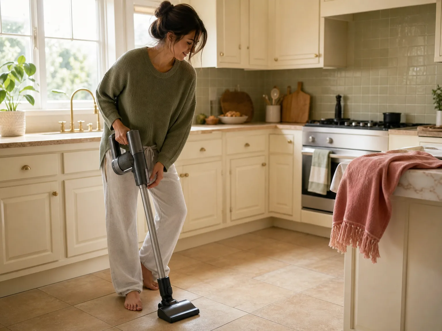 Woman in casual loungewear using a slim cordless stick vacuum on kitchen tile near a cream cabinet, warm morning light