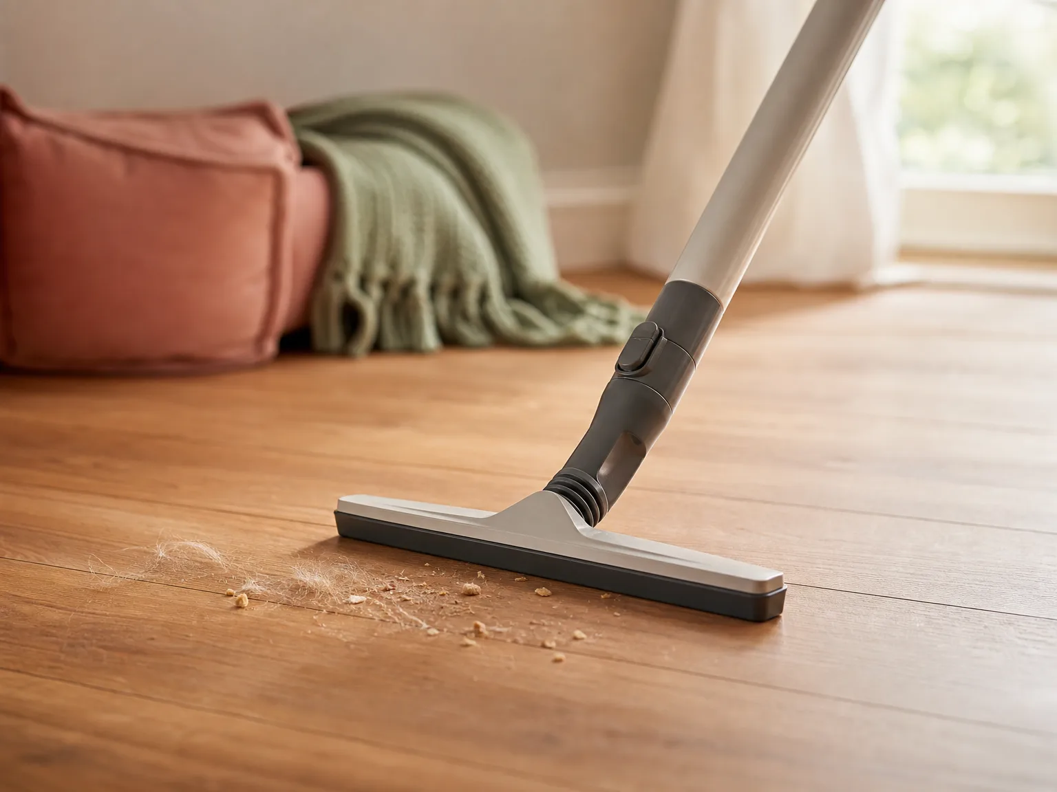 Close-up of a slim stick vacuum floor head with a rubber squeegee-style bar on warm hardwood, warm window light
