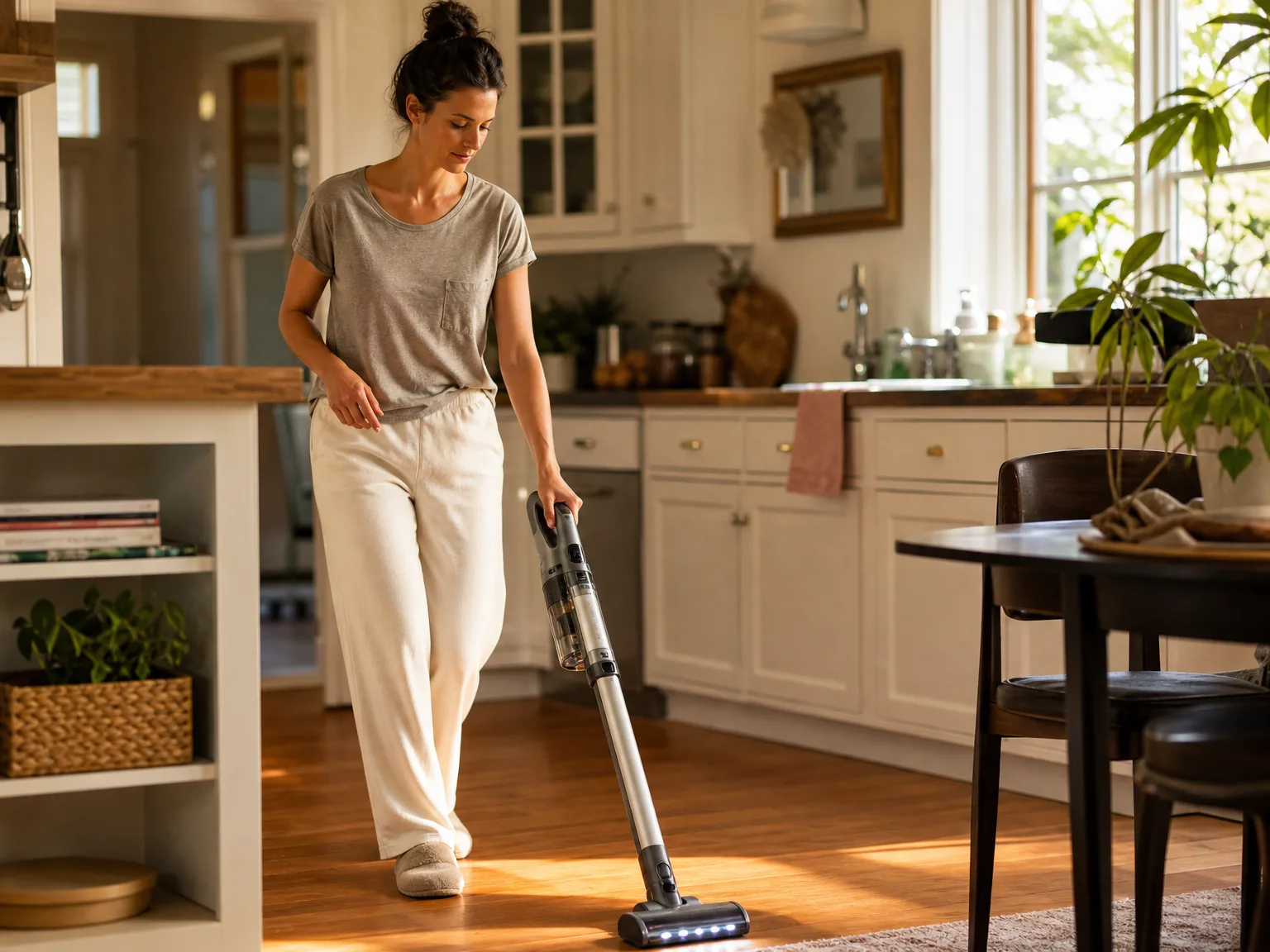 A woman in her early thirties guiding a slim stick vacuum across sunlit hardwood in a lived-in kitchen