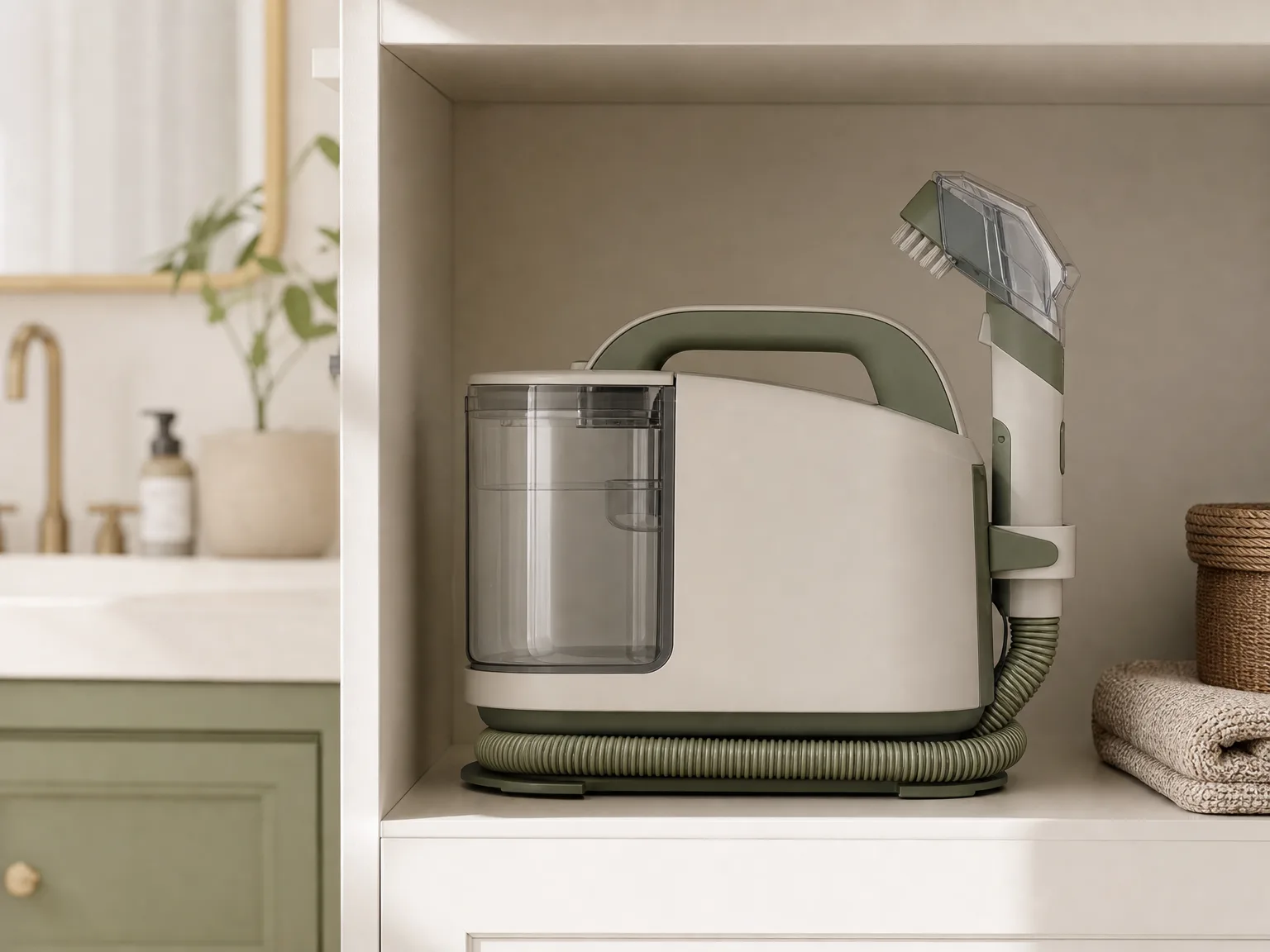 Side view of the Little Green Mini motor housing on a bathroom shelf, soft natural shadow