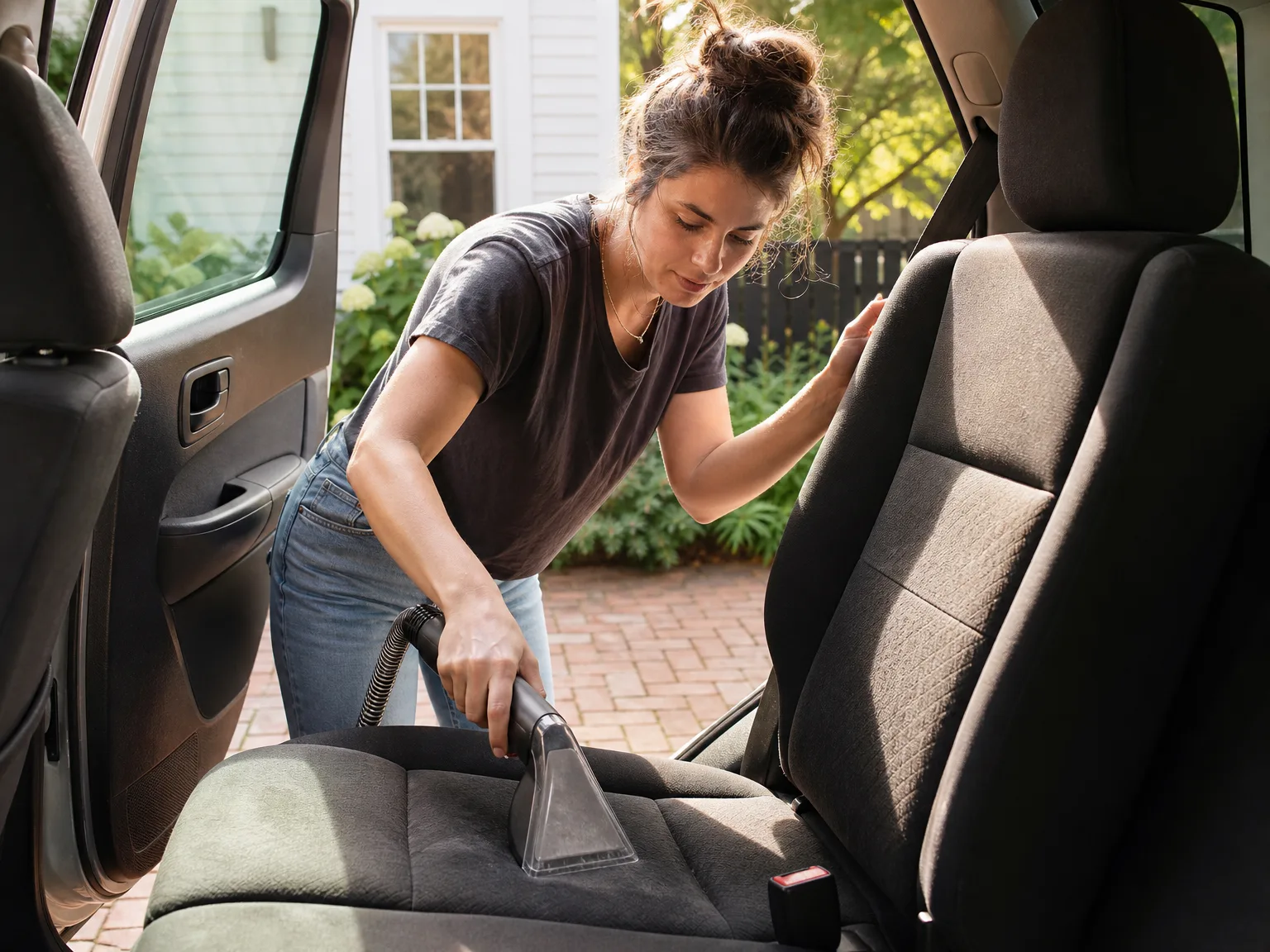 A woman in her early thirties using the Little Green Mini to clean a car seat in a driveway, warm afternoon light, candid pose