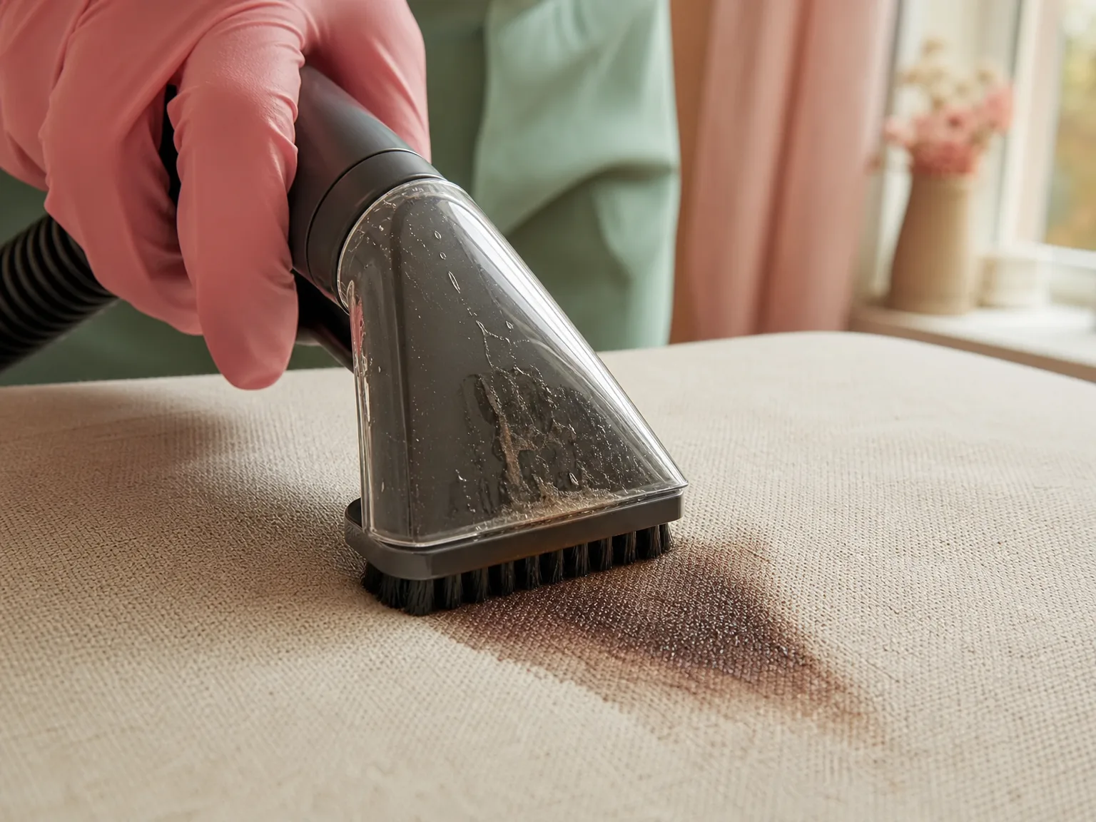 Close-up of a portable spot cleaner tool lifting a fresh stain from beige upholstery fabric in warm window light