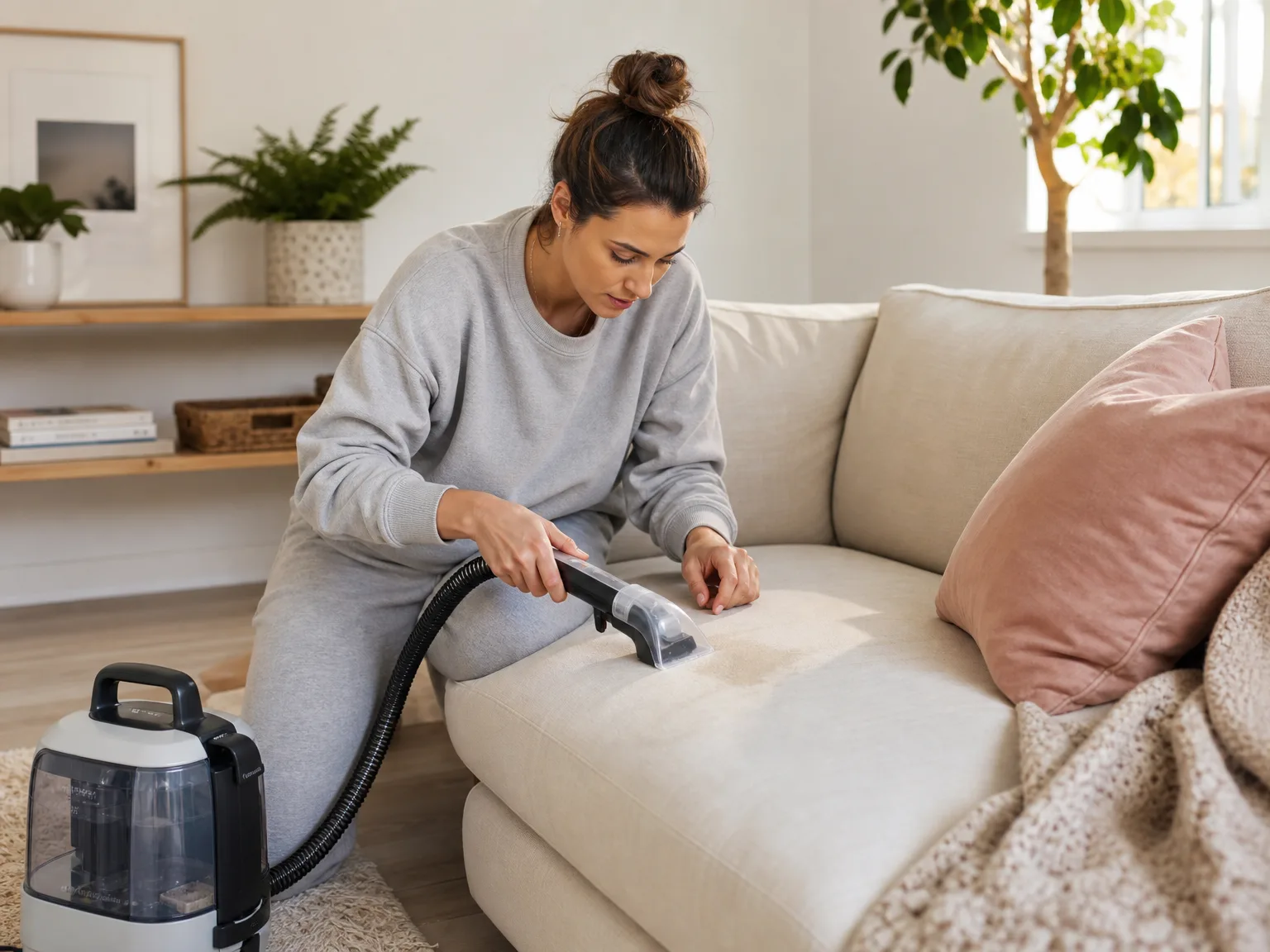 Woman in casual loungewear using a portable spot cleaner on a cream sofa cushion in a sunlit living room