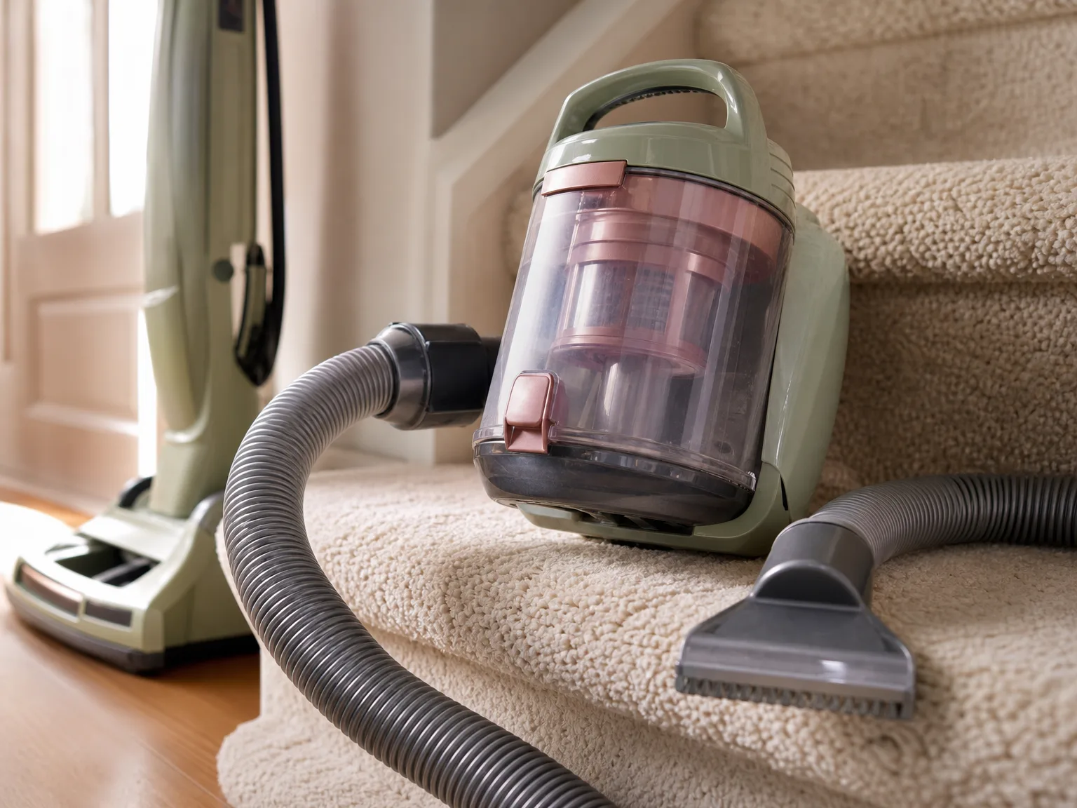 Close-up of a vacuum canister pod lifted off an upright base on a carpeted stair, hose ready for above-floor cleaning