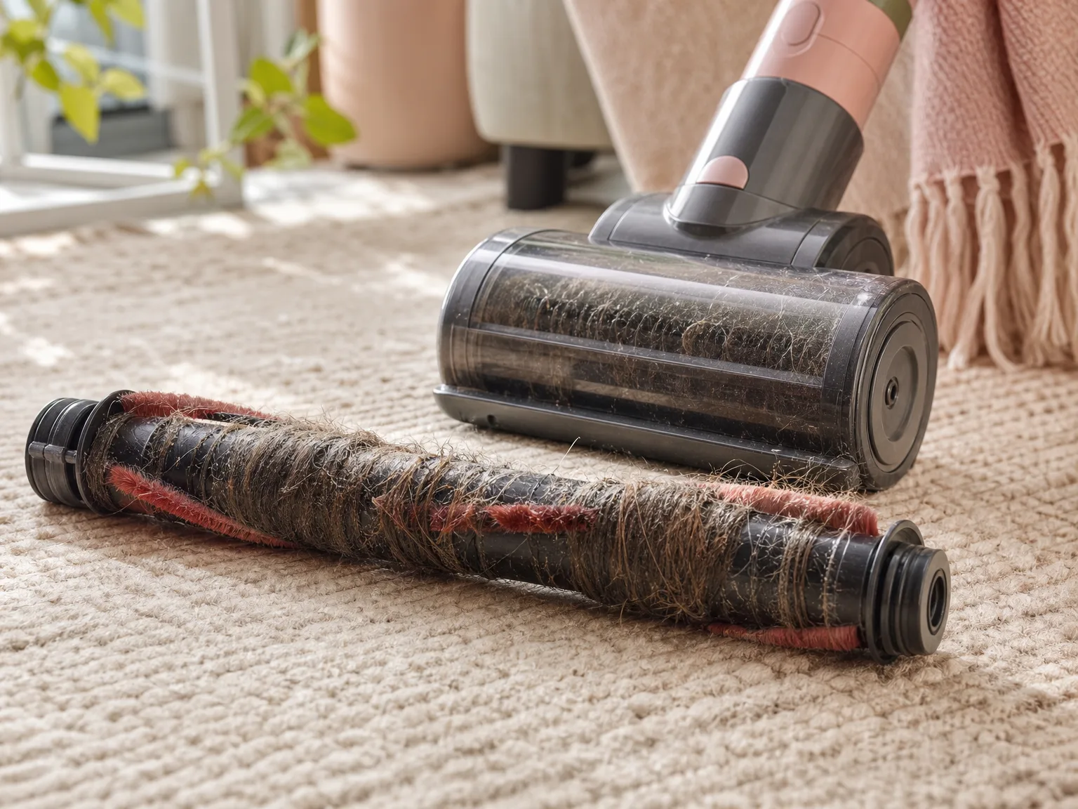 Close-up of a vacuum brush roll and pet turbo tool on a beige rug with pet hair wrapped around the axle