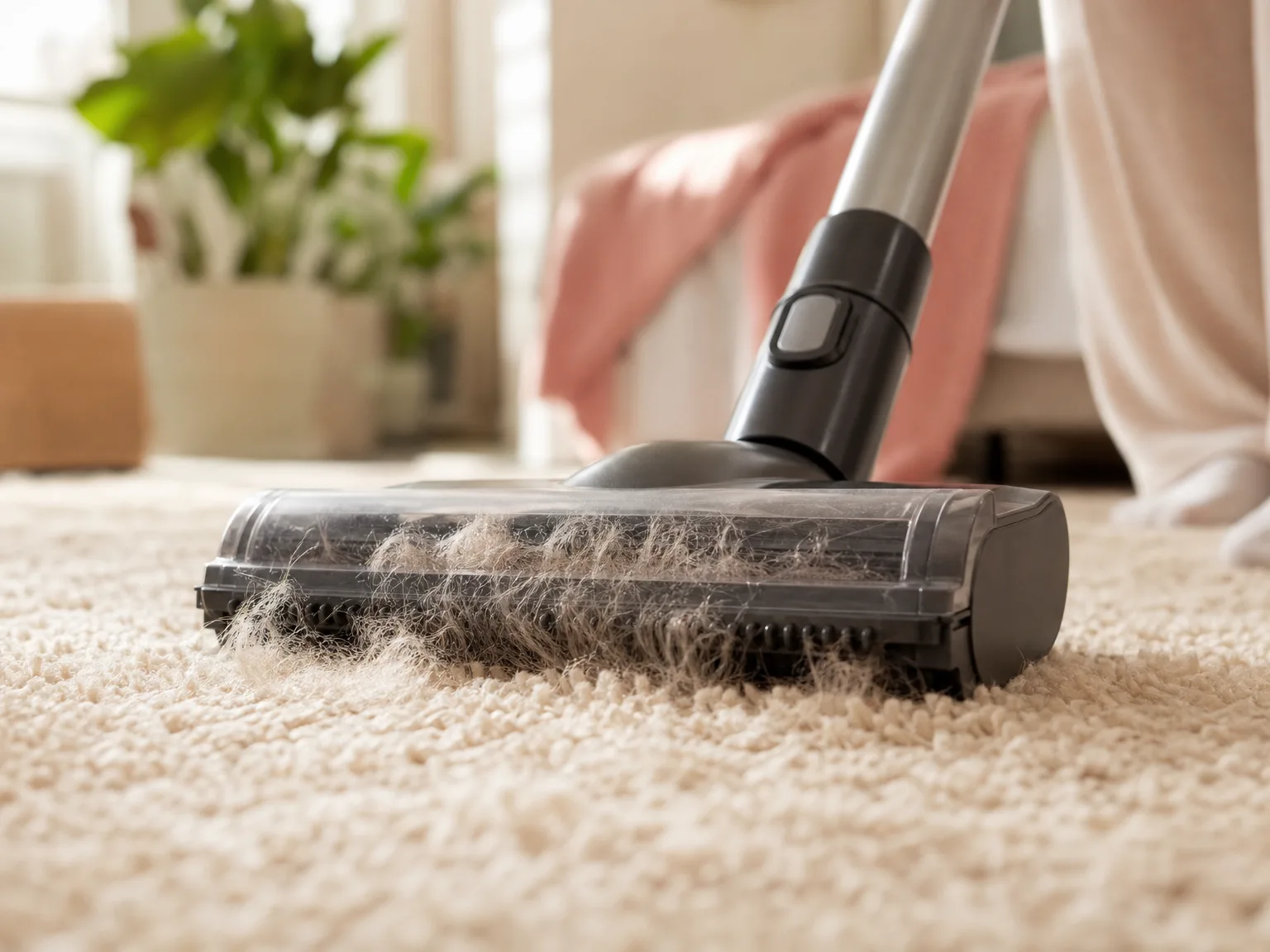 Close-up of a vacuum brush head lifting visible pet hair from a beige medium-pile rug in warm window light