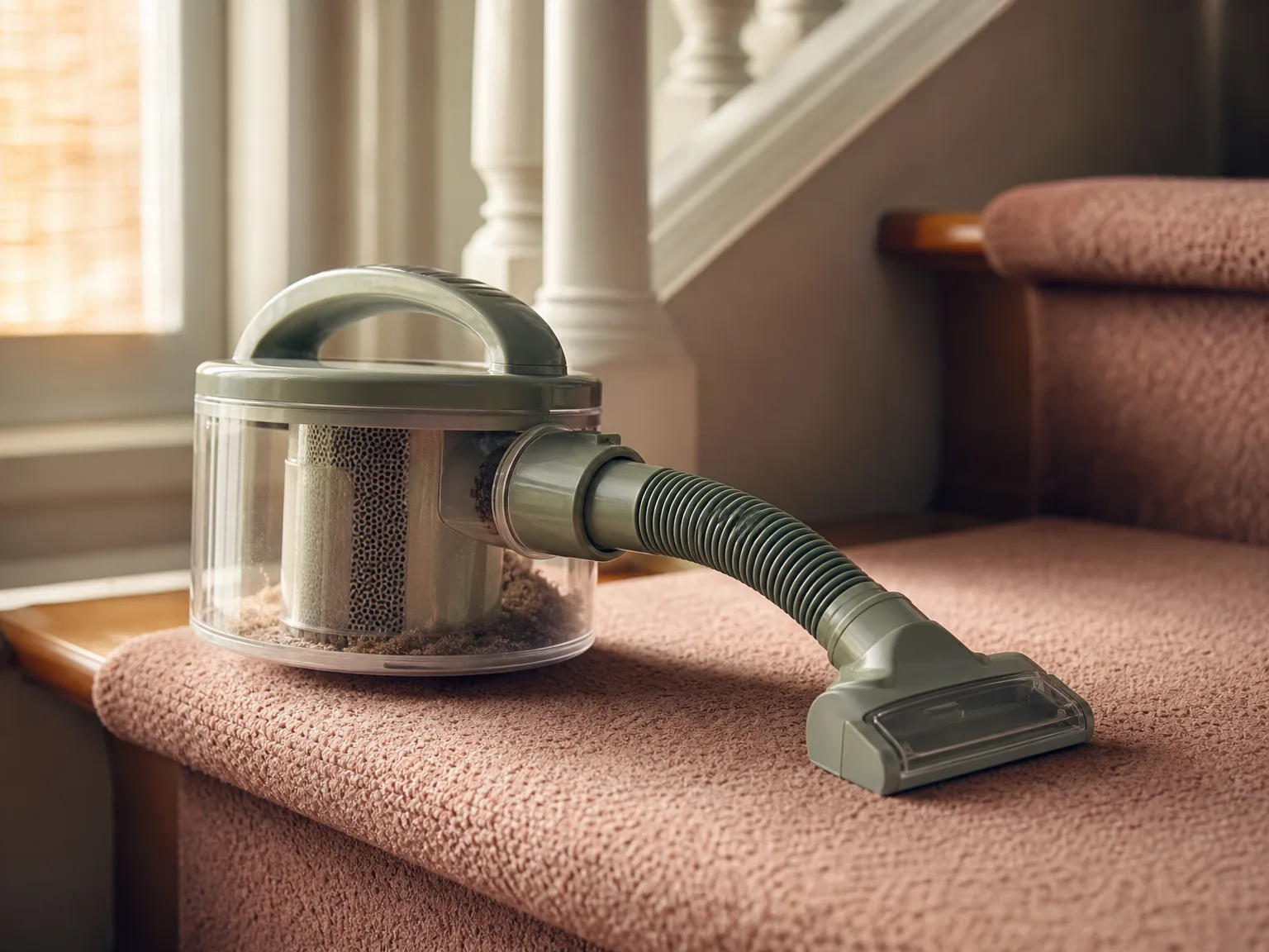 Close-up of a vacuum lift-off canister pod and short hose resting on a carpeted stair tread