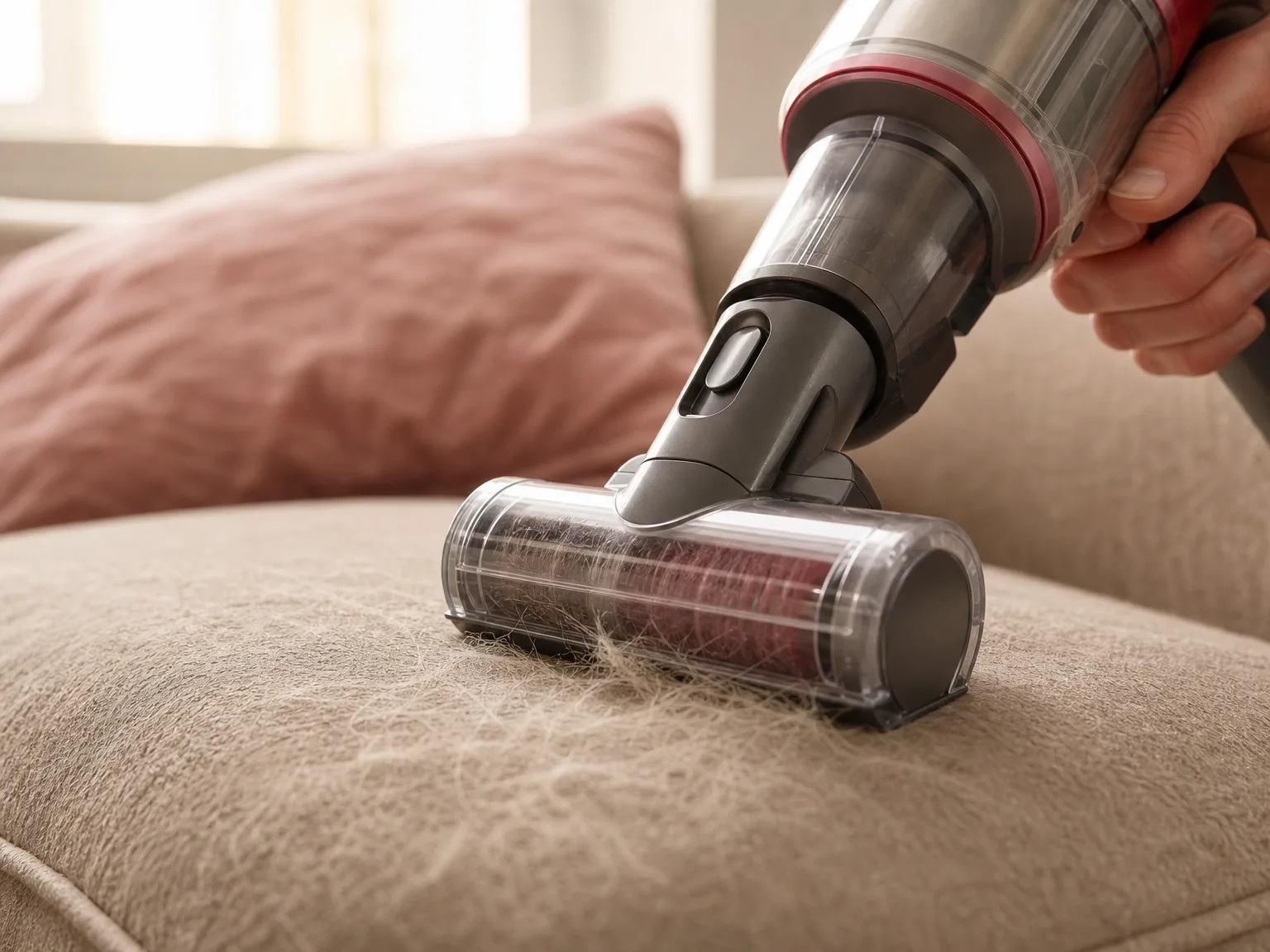 Close-up of a motorized vacuum brush head lifting embedded pet hair from a beige upholstered cushion