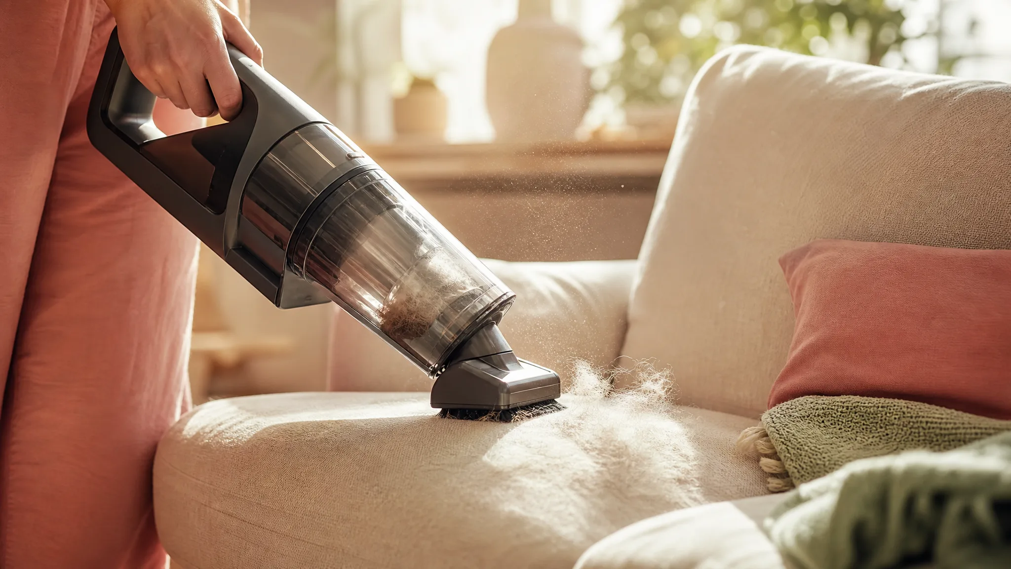 A cordless handheld vacuum brush head lifting pet hair from a cream sofa cushion in a sunlit living room