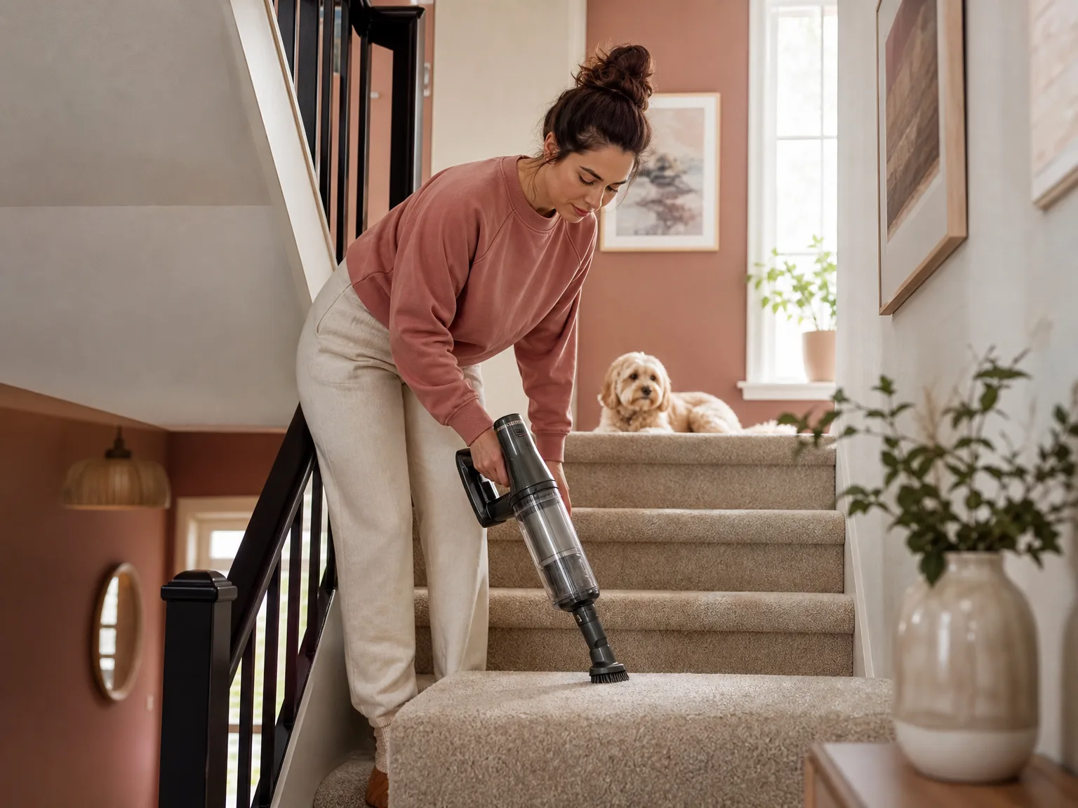 A woman using a cordless handheld vacuum on a carpeted staircase in a bright home with a dog nearby