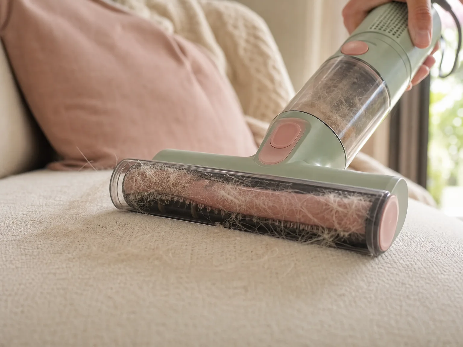 Close-up of motorized brush head lifting visible pet fur from a cream couch cushion, shallow depth of field