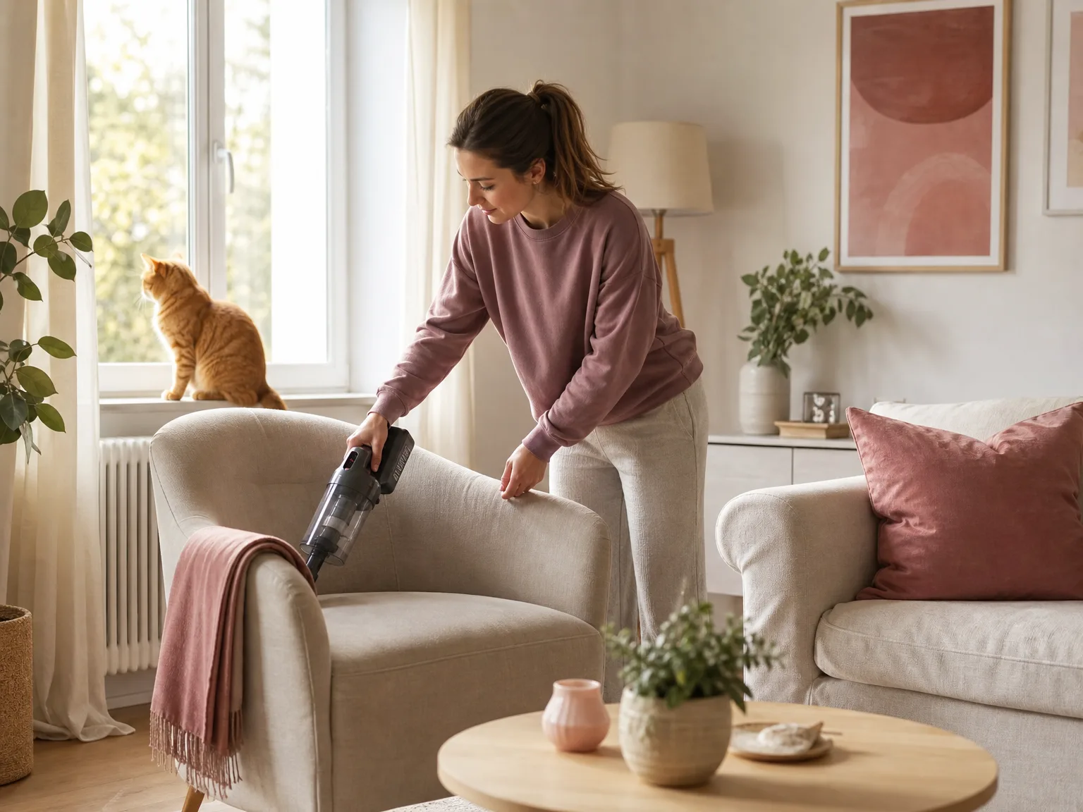 Woman vacuuming a beige couch cushion with the Bissell Pet Hair Eraser in a bright living room, cat fur visible on the brush head