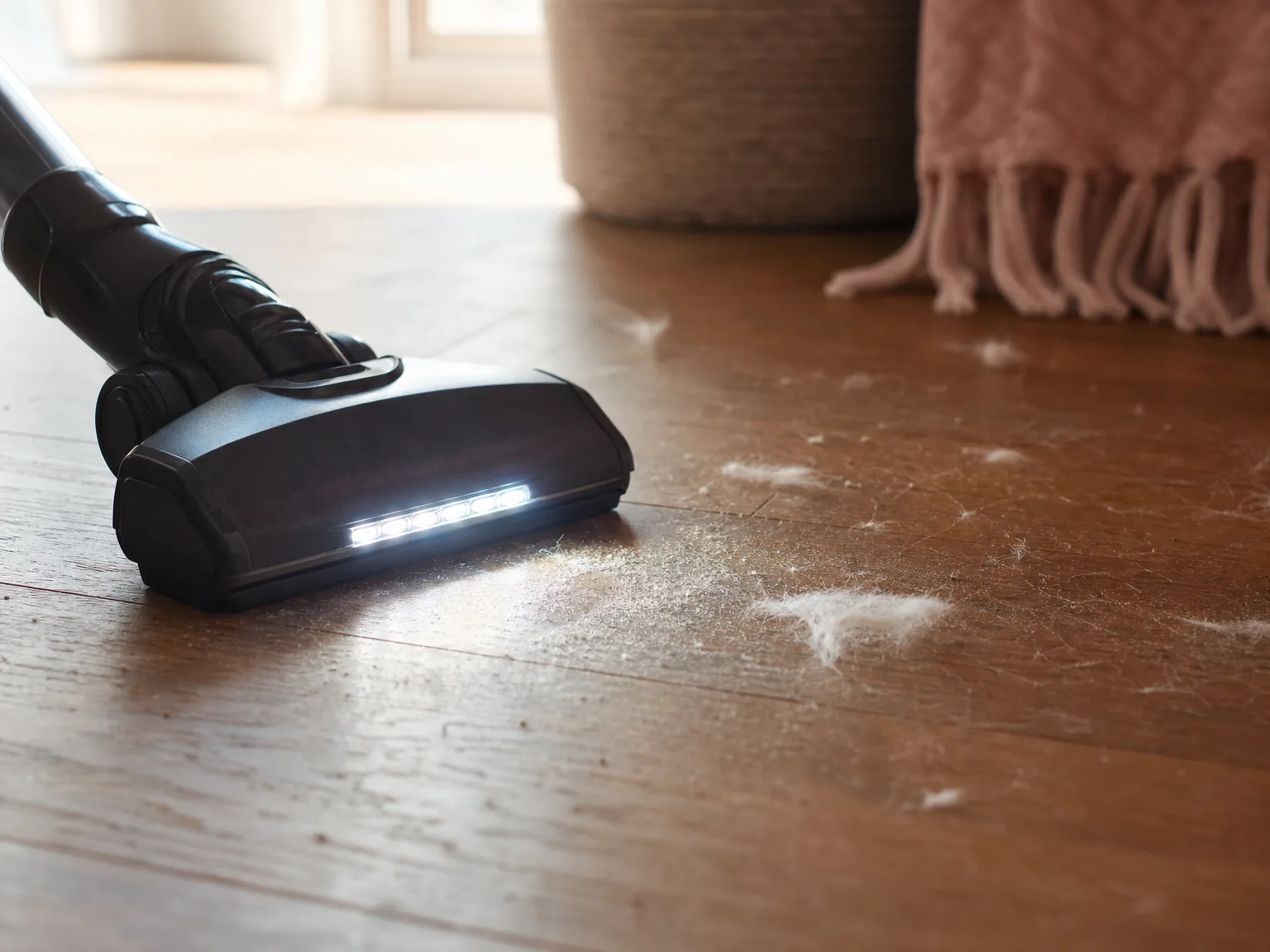 Close-up of a vacuum brush head with LED headlights lighting up hidden dust and pet hair on a hardwood floor in morning light