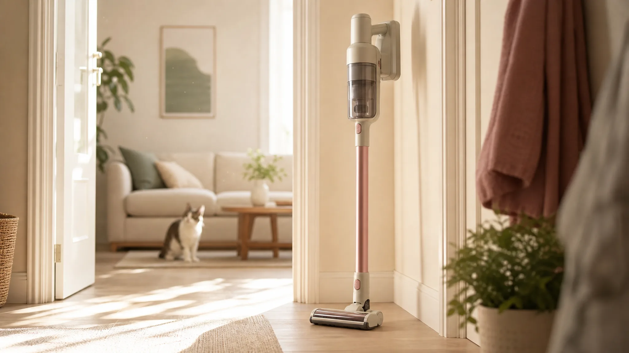 A cordless stick vacuum standing upright on a warm cream hardwood floor in a sunlit modern living room, morning light streaming through a window