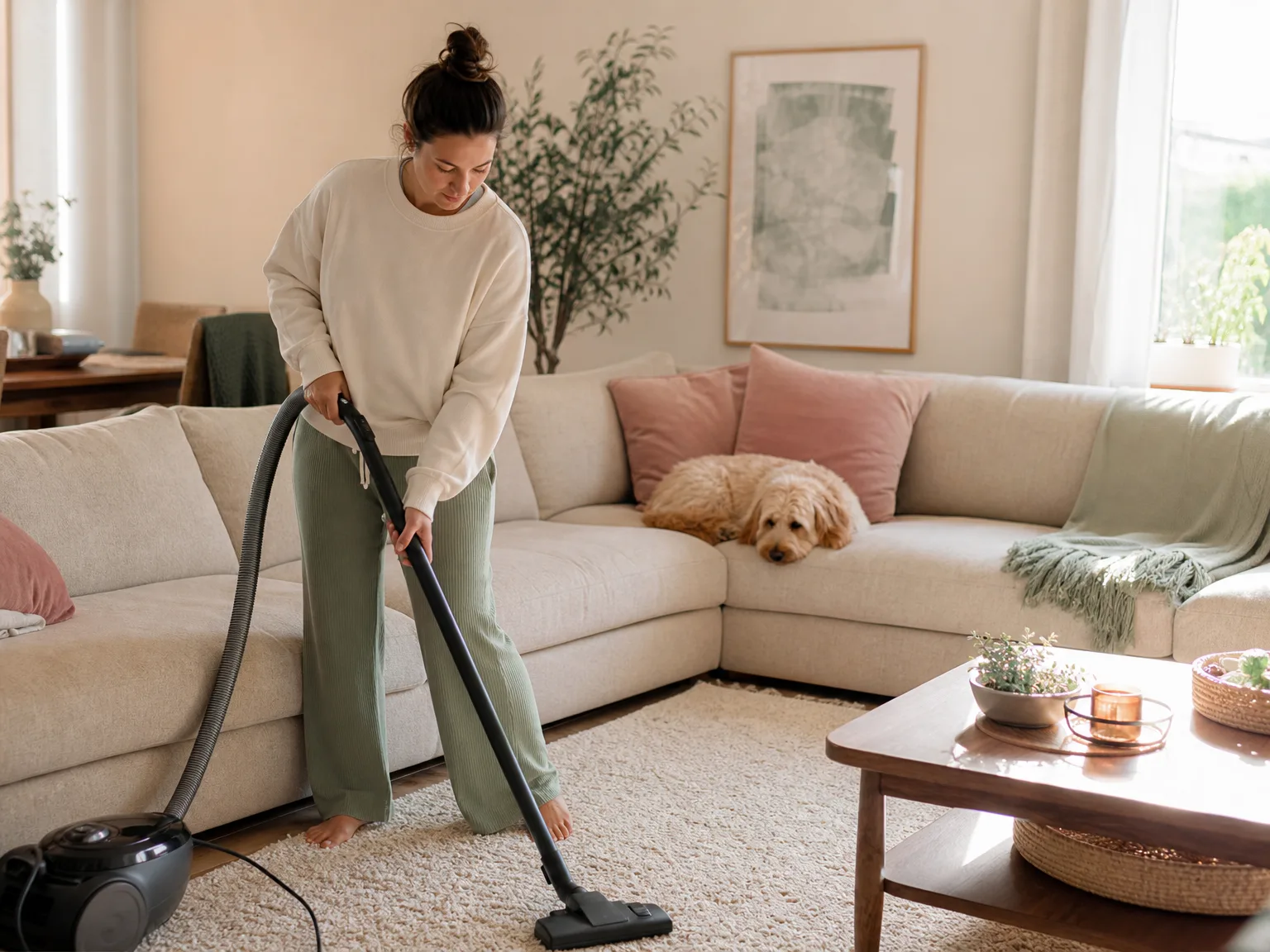 A woman in her early thirties vacuuming a cream rug in a bright living room with a cordless stick vacuum, dog resting nearby on the sofa